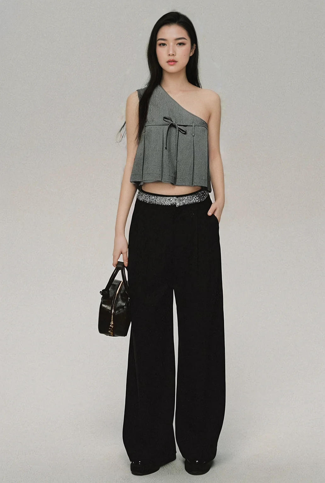 Asymmetric One-Shoulder Peplum Top with Ribbon-Tie - Image 8