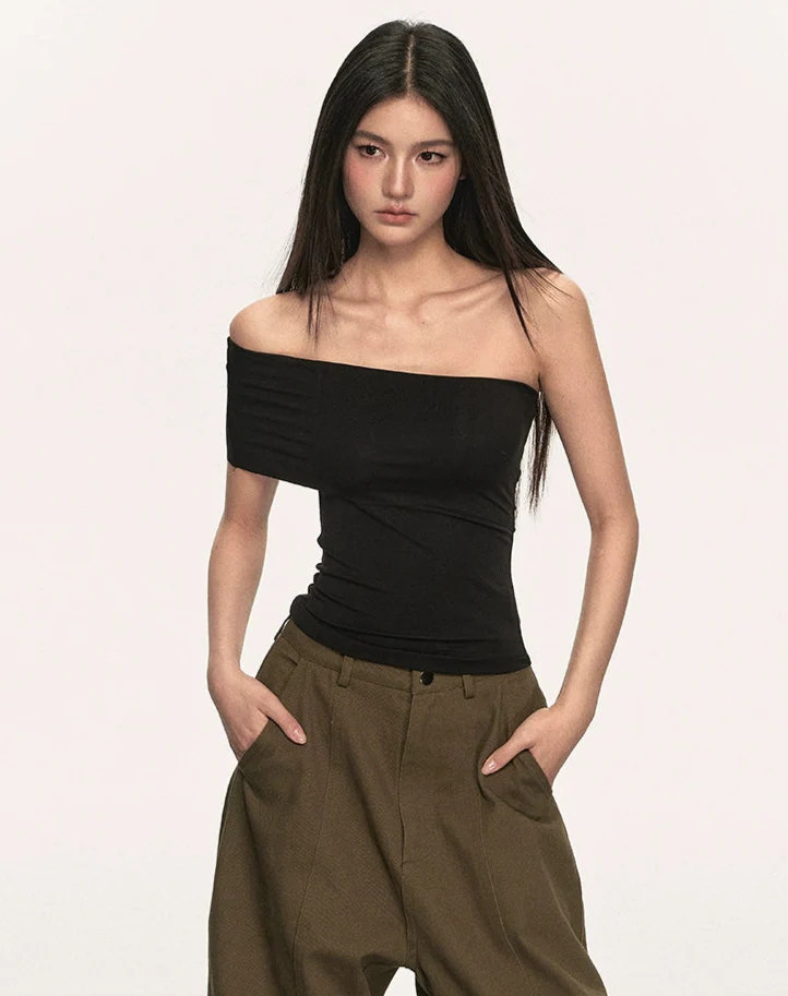 Asymmetric One Shoulder Stretch Knit Top - Image 2