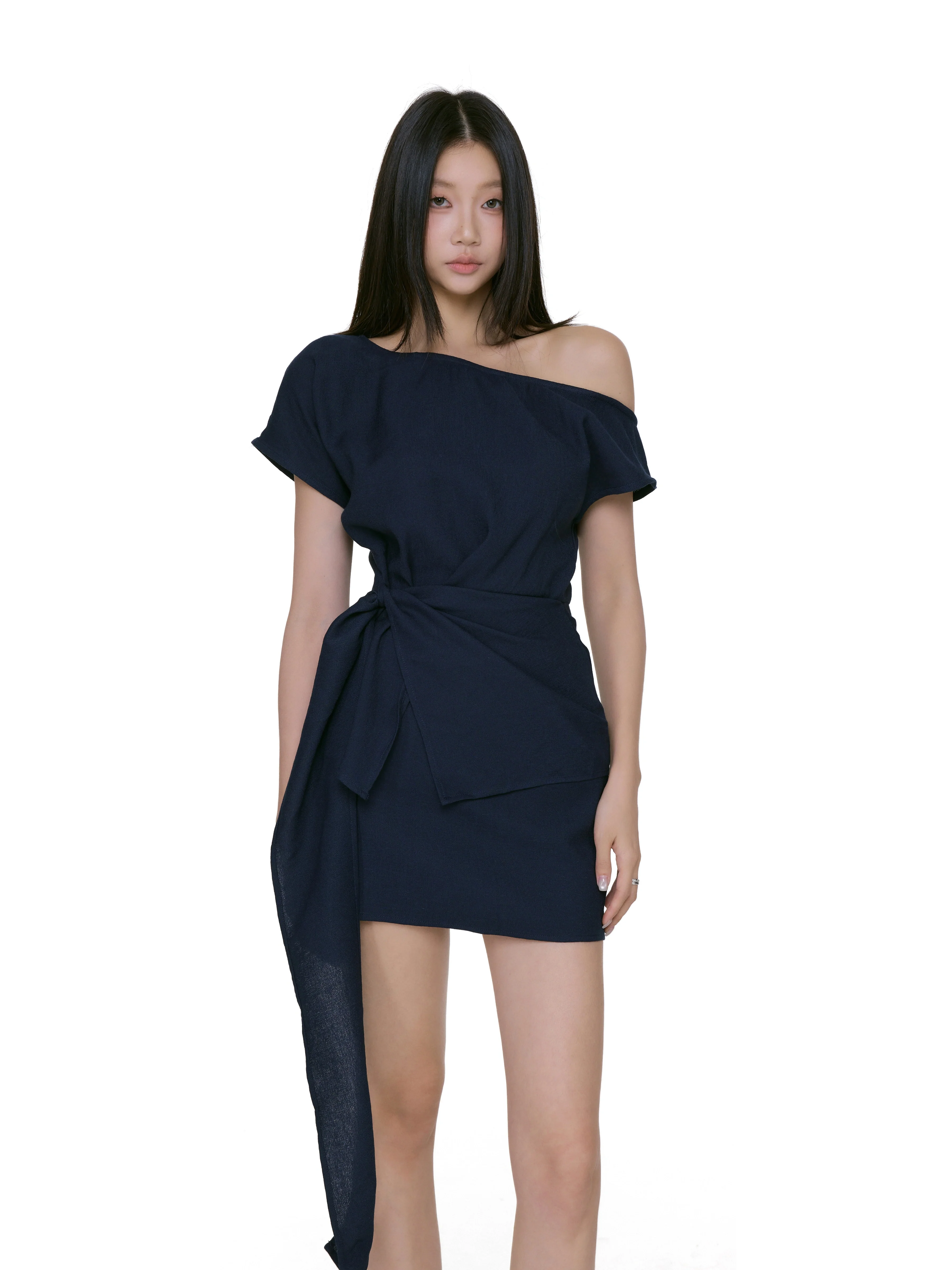 Asymmetric One Shoulder Mini Dress with Side Tie - Image 4
