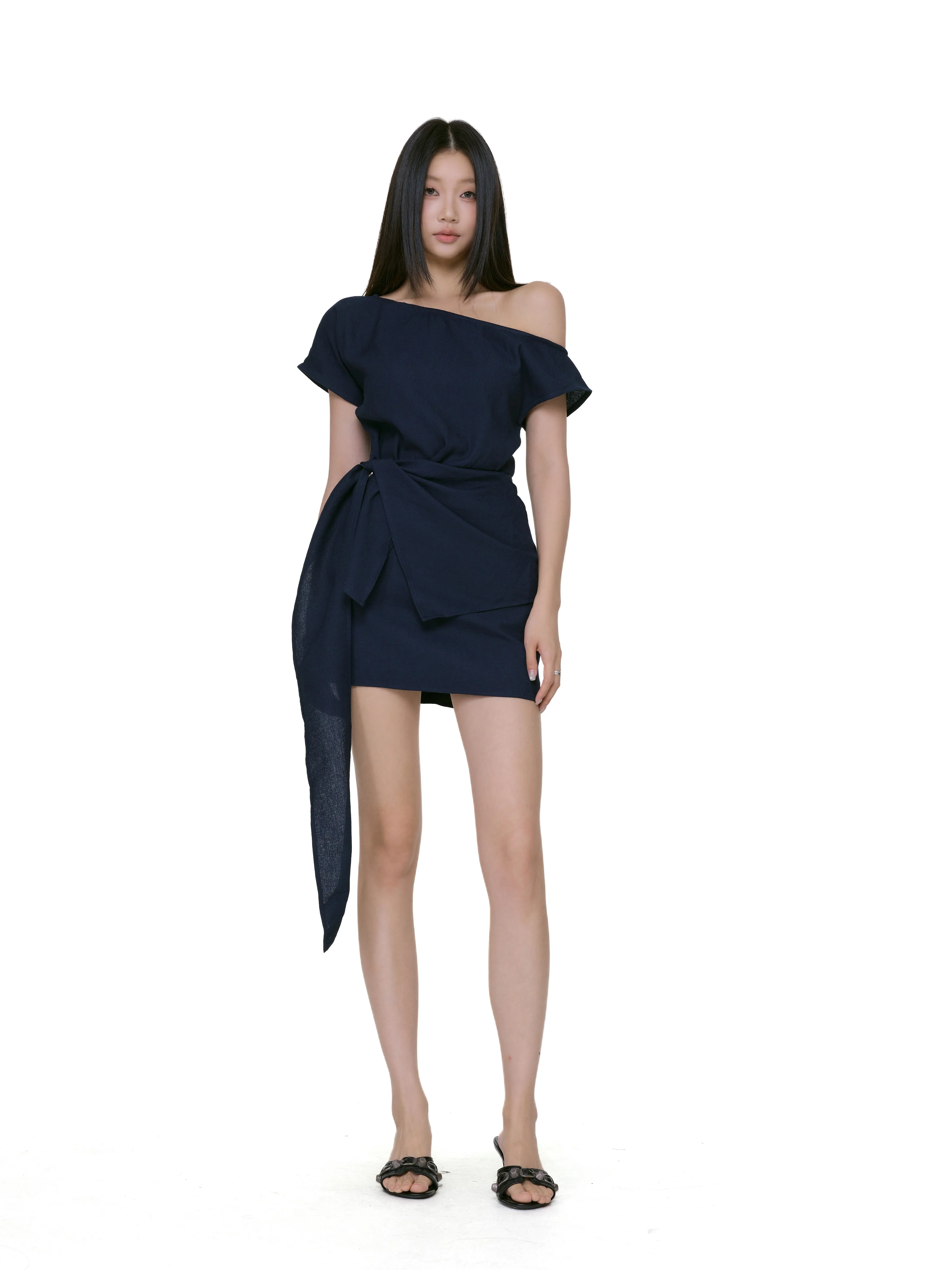 Asymmetric One Shoulder Mini Dress with Side Tie - Image 8