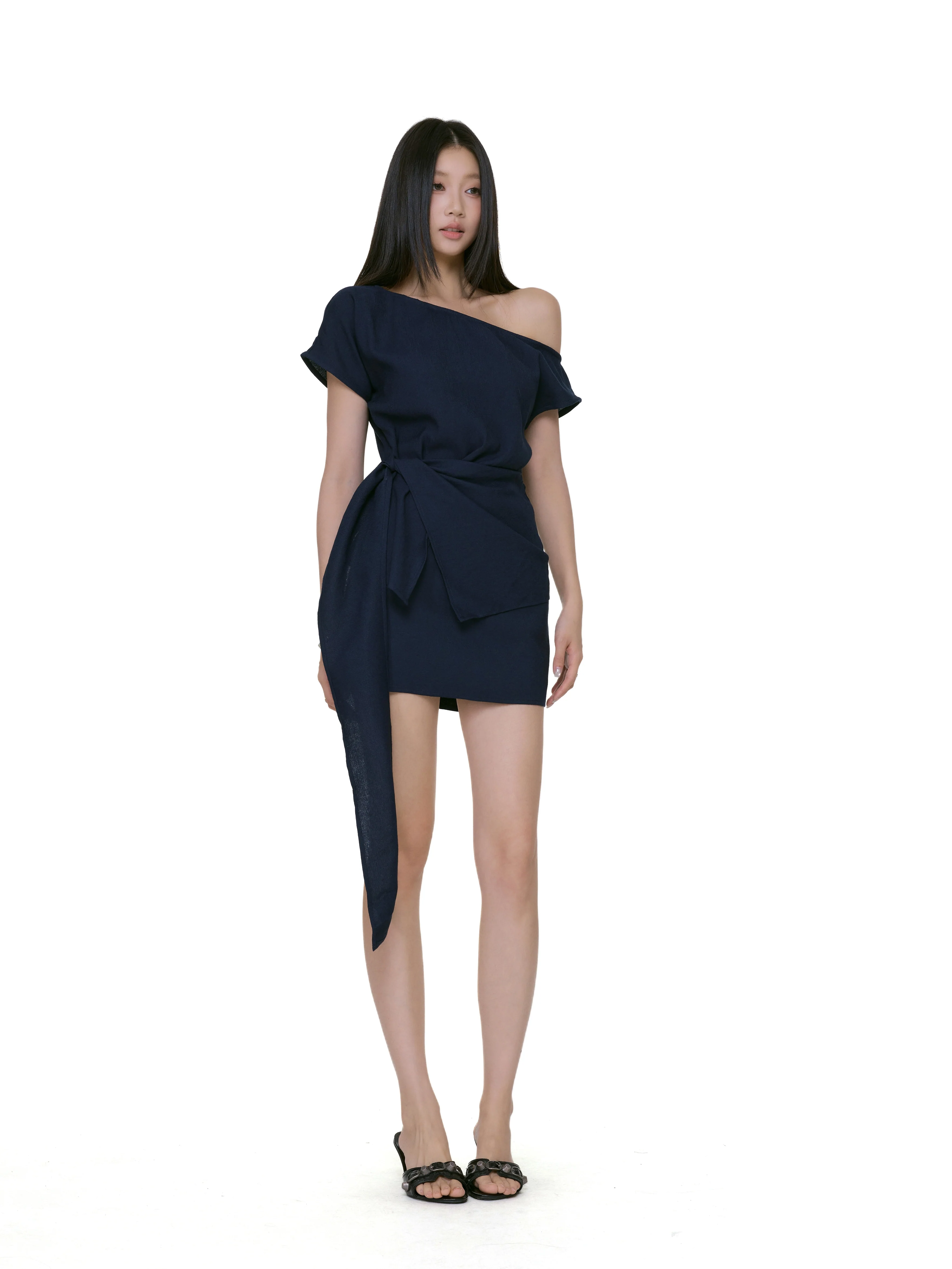 Asymmetric One Shoulder Mini Dress with Side Tie - Image 9