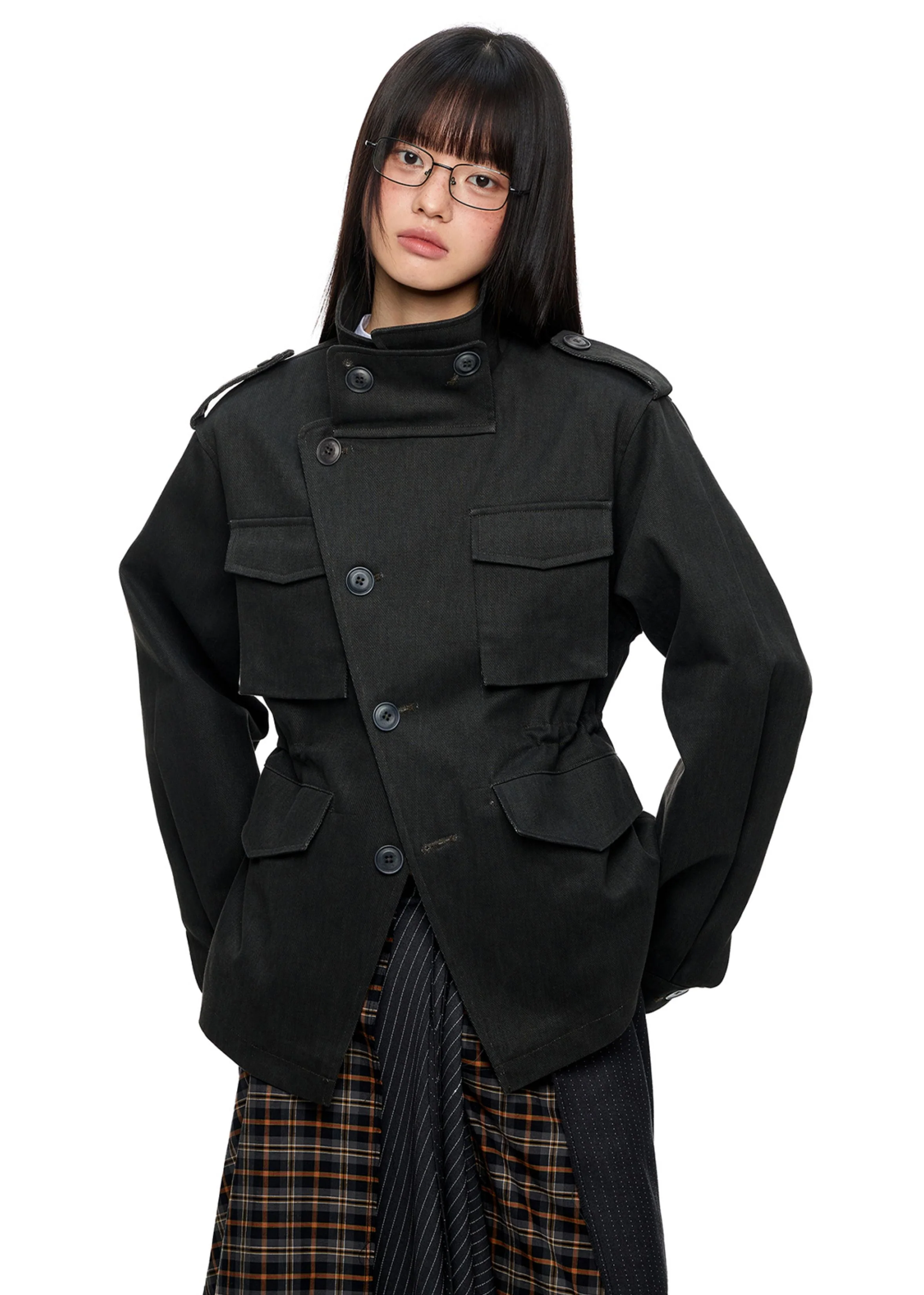 Asymmetric Overlap High-Collar Military Jacket - Image 4