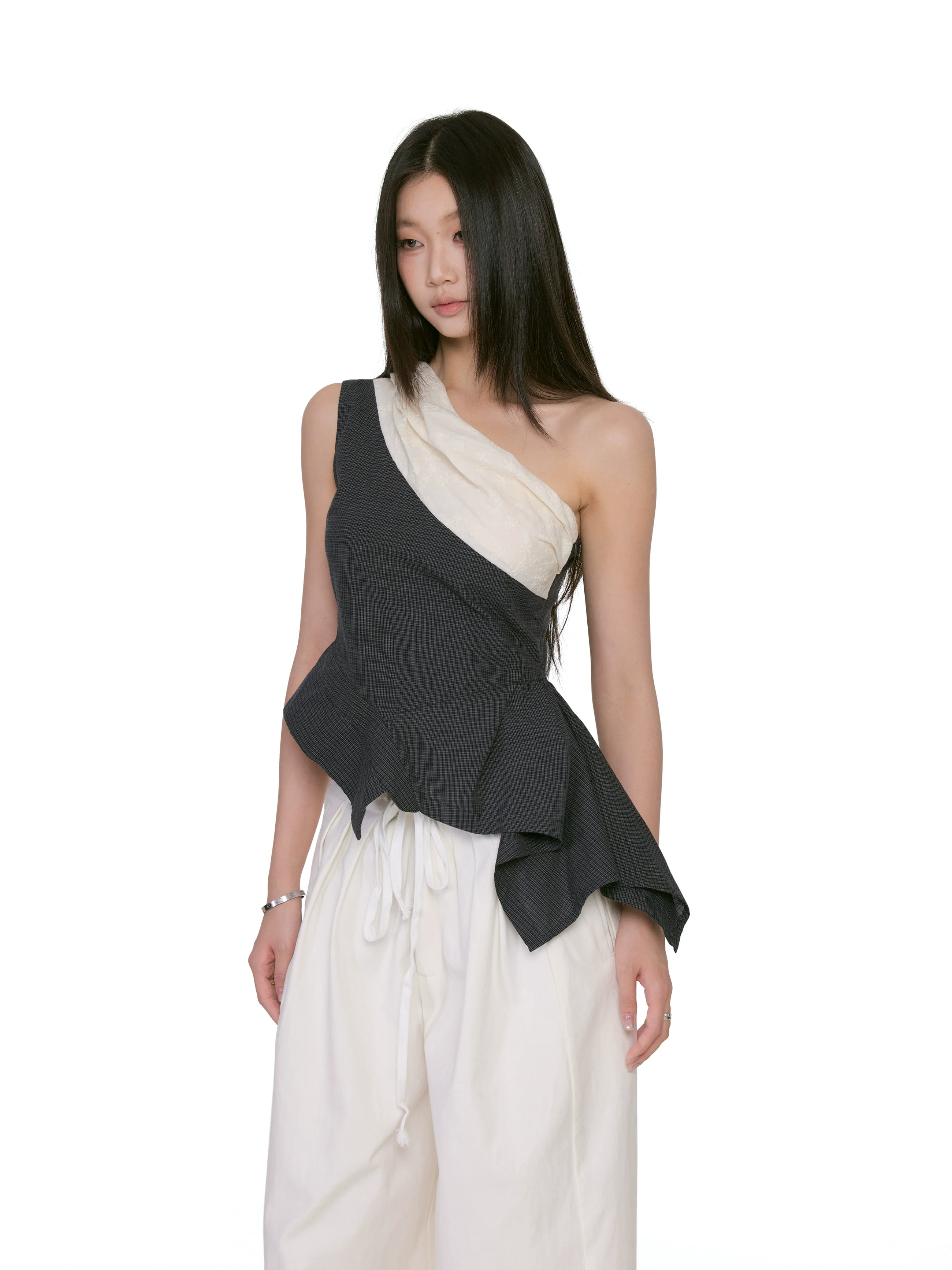 Asymmetric Overlay Draped One-Shoulder Peplum Top - Image 6