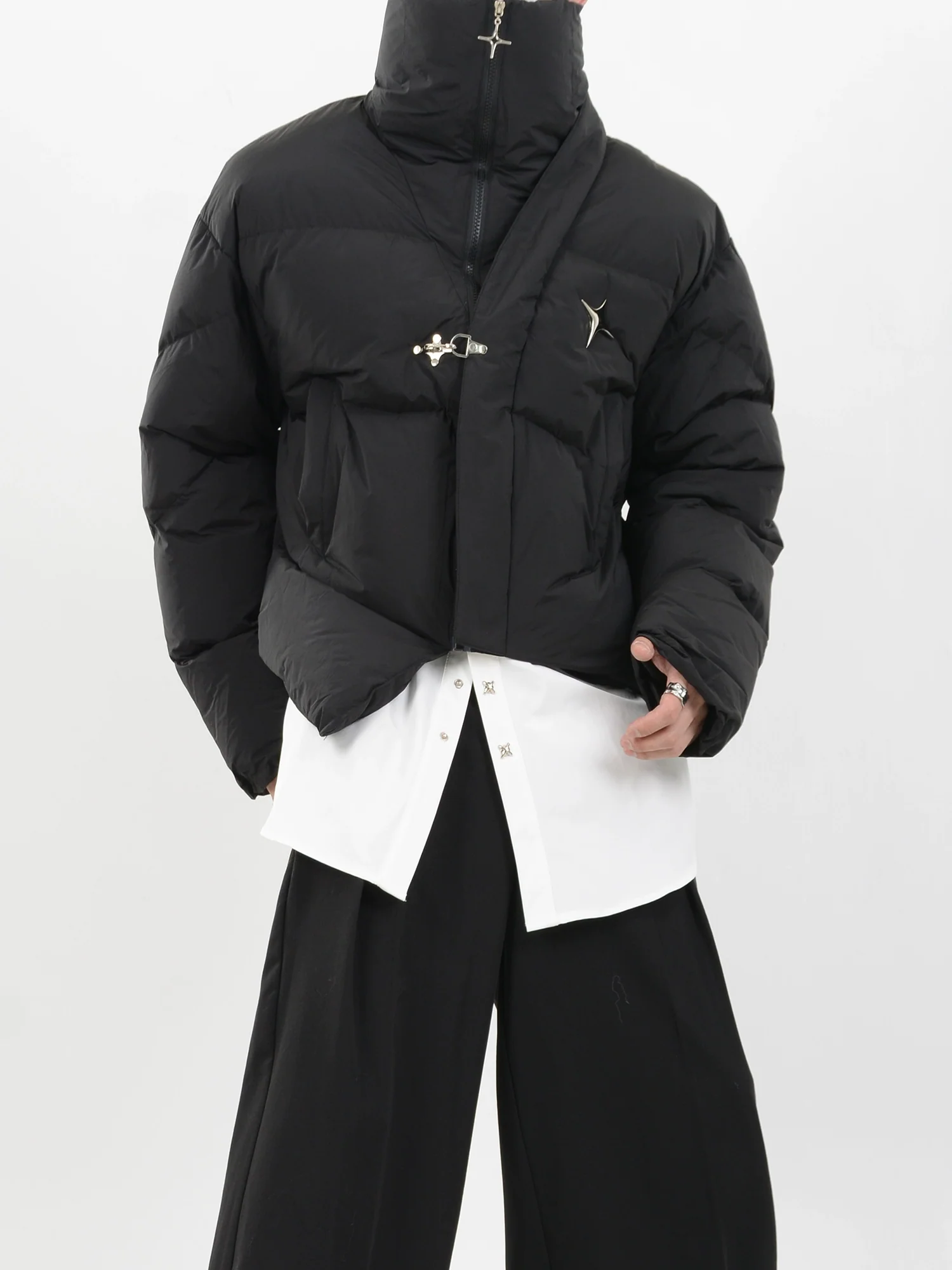 Asymmetric Puffer Jacket with Fireman Clasp Buckle