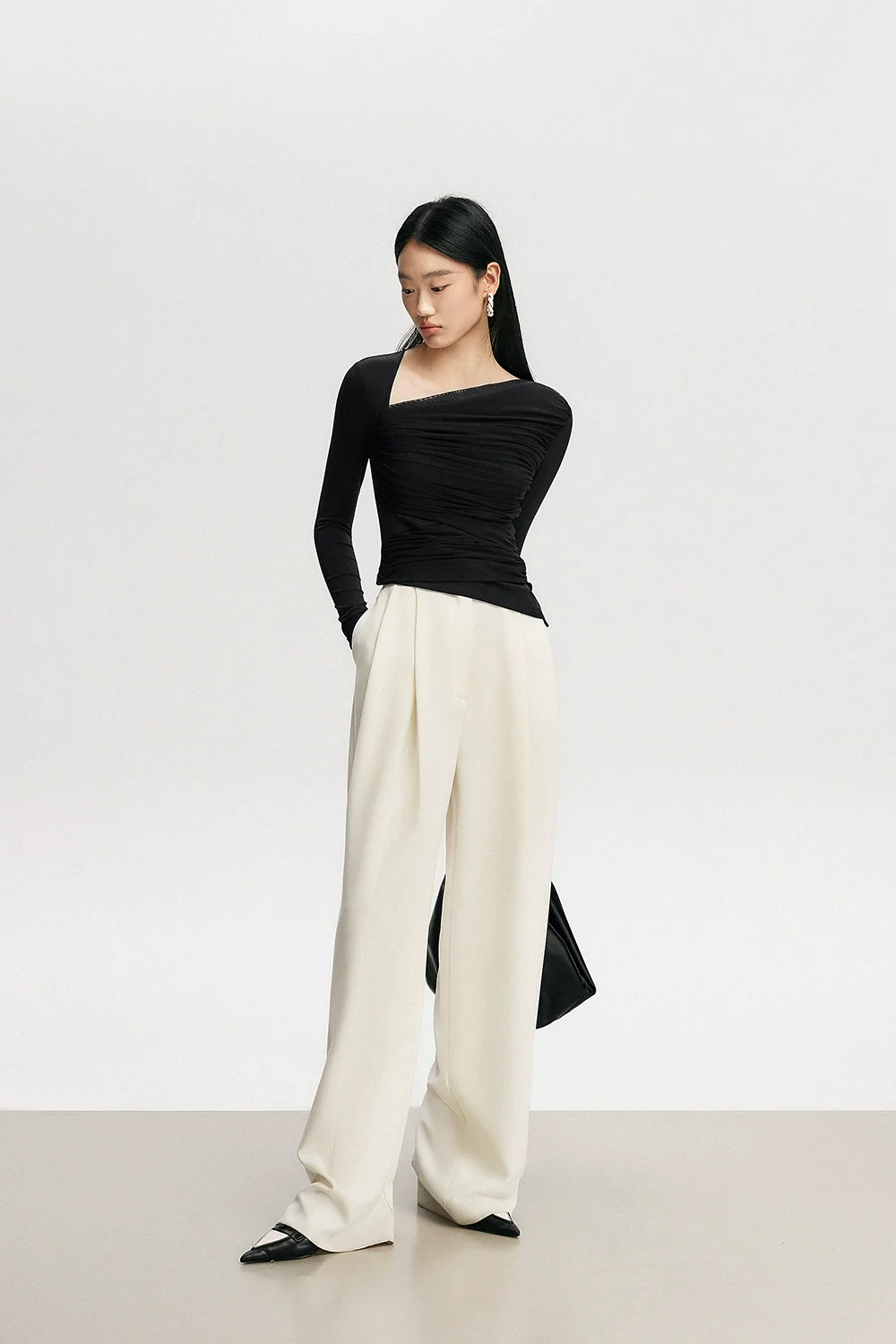 Asymmetric Ruched Long Sleeve Skinny Top - Image 21