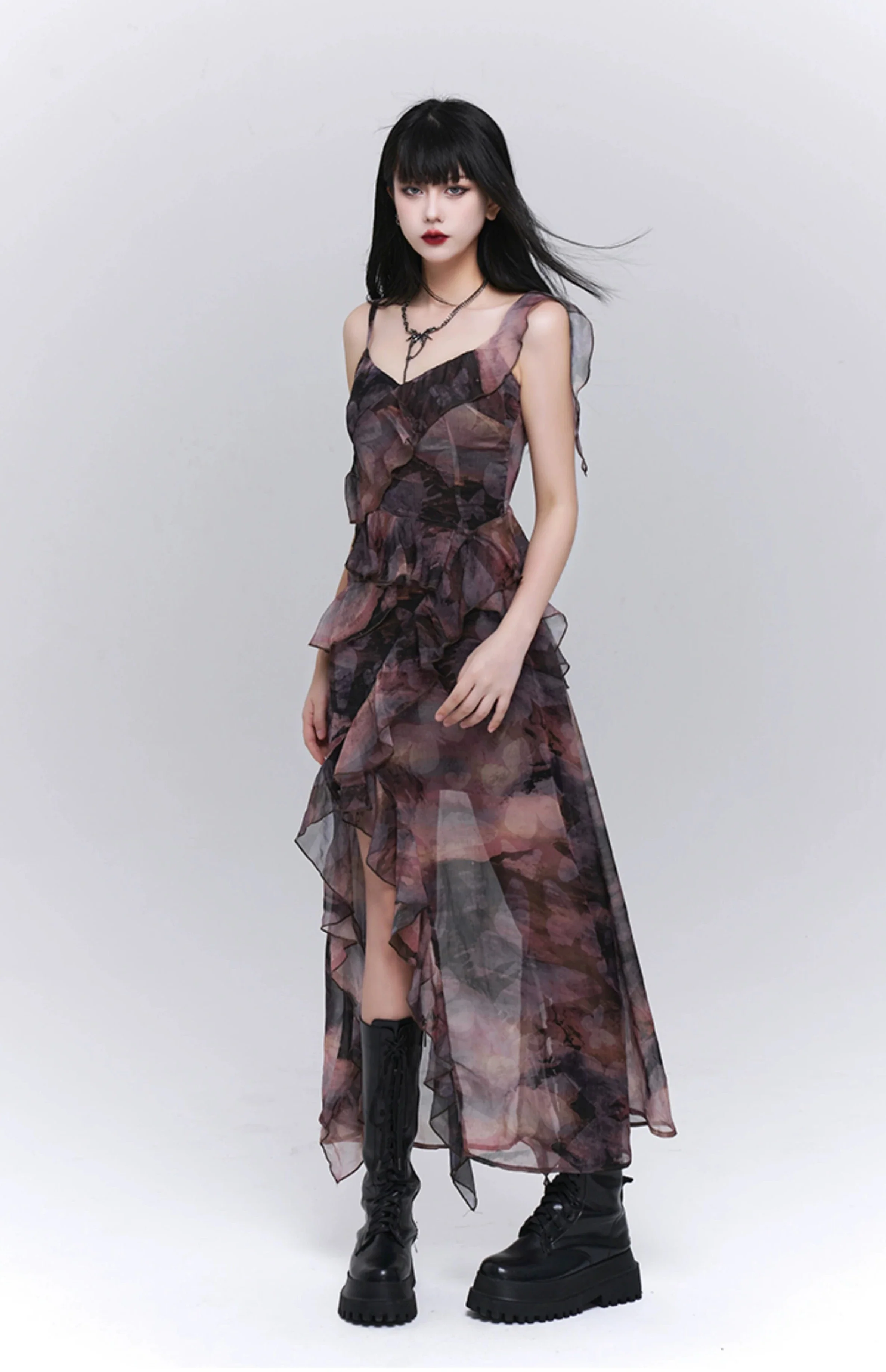 Asymmetric Ruffle Hem Cami Maxi Dress with Print - Image 2