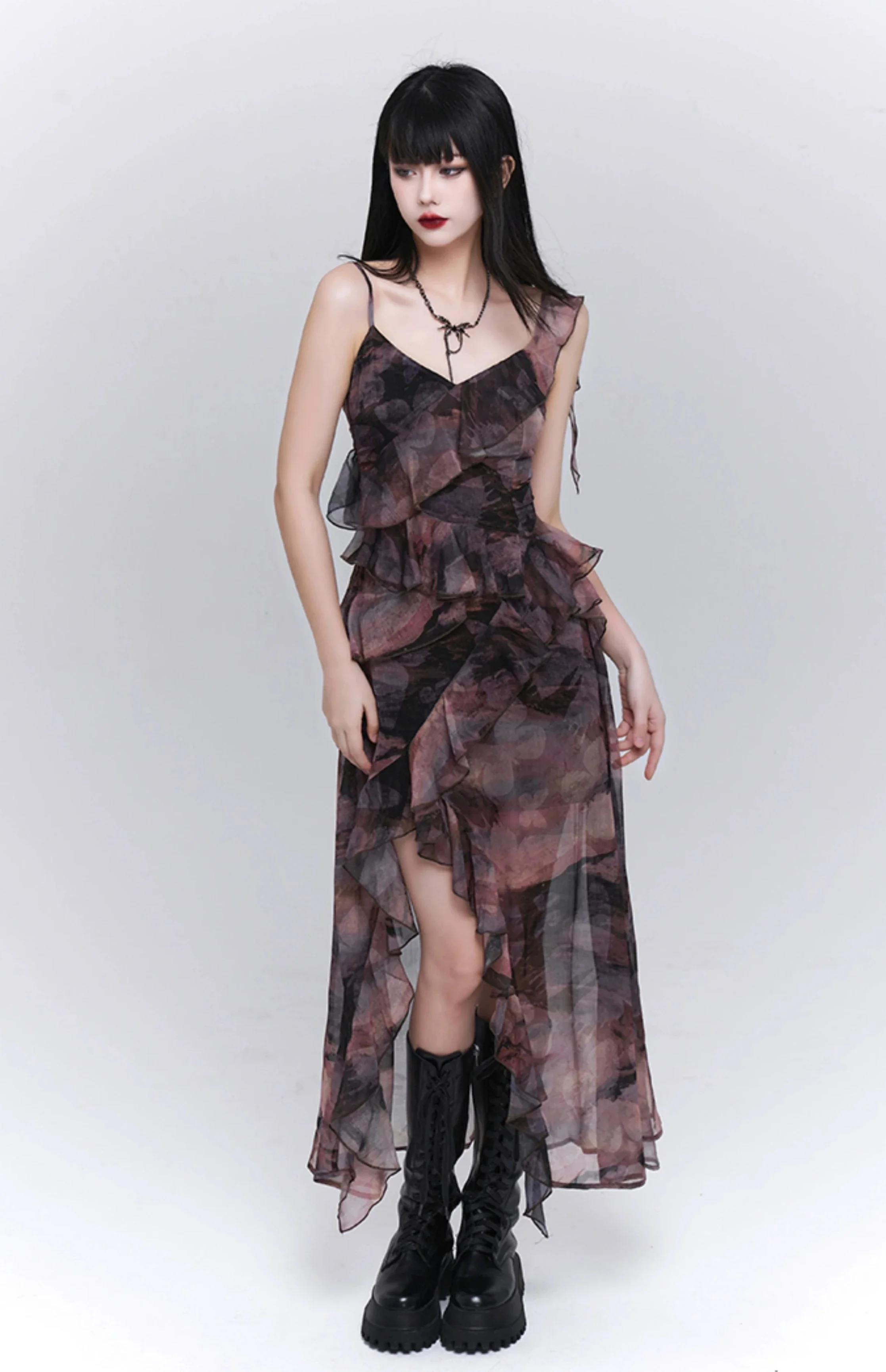 Asymmetric Ruffle Hem Cami Maxi Dress with Print - Image 3