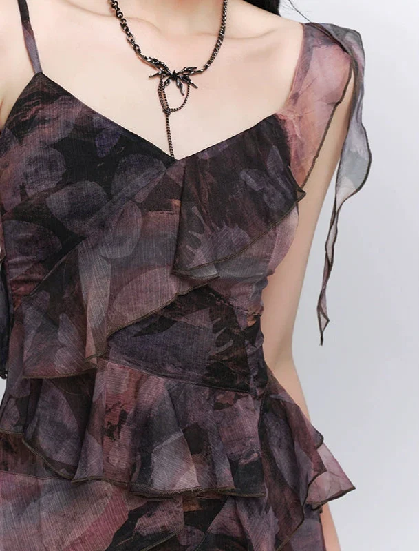 Asymmetric Ruffle Hem Cami Maxi Dress with Print - Image 4