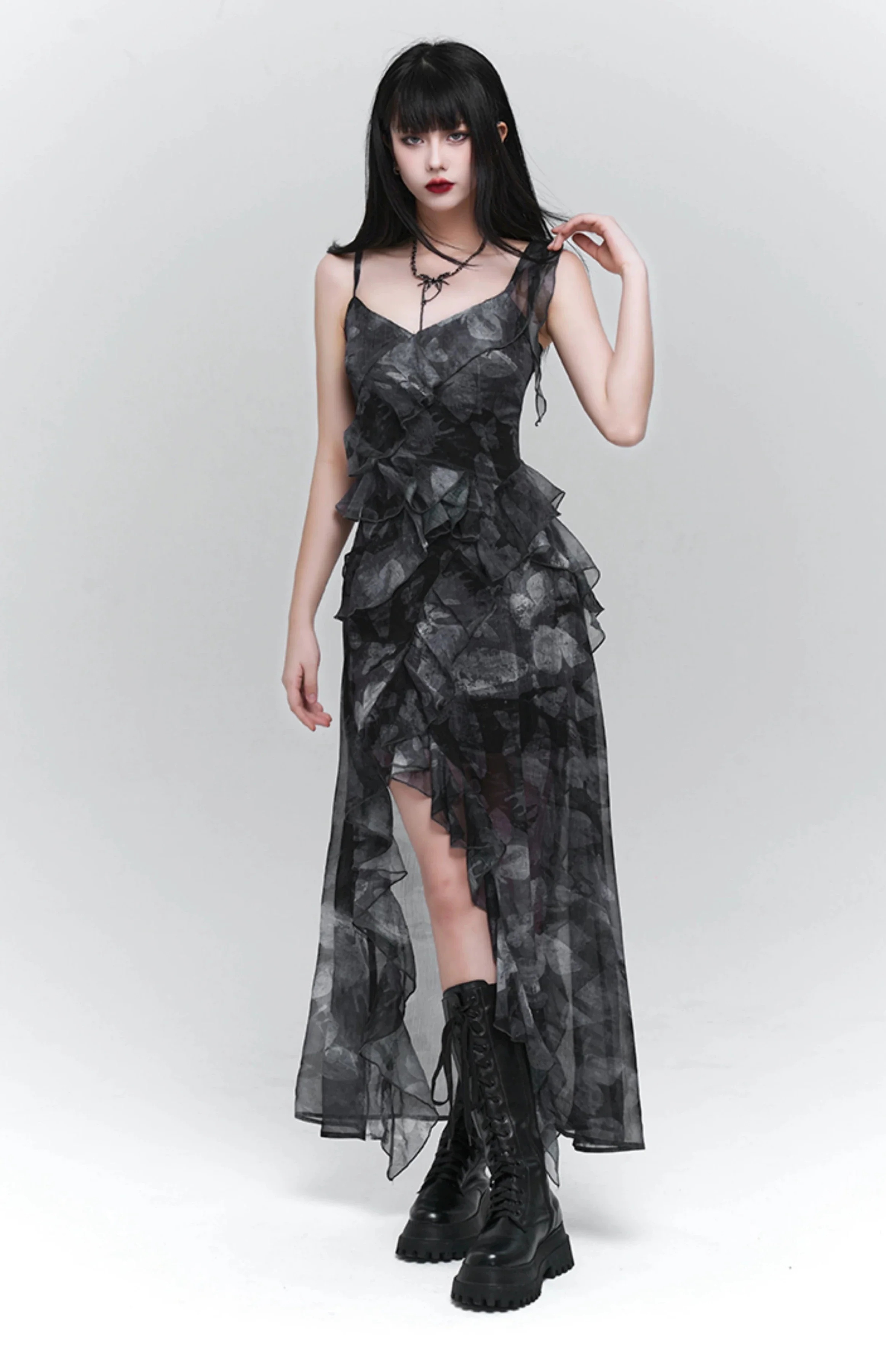Asymmetric Ruffle Hem Cami Maxi Dress with Print - Image 6