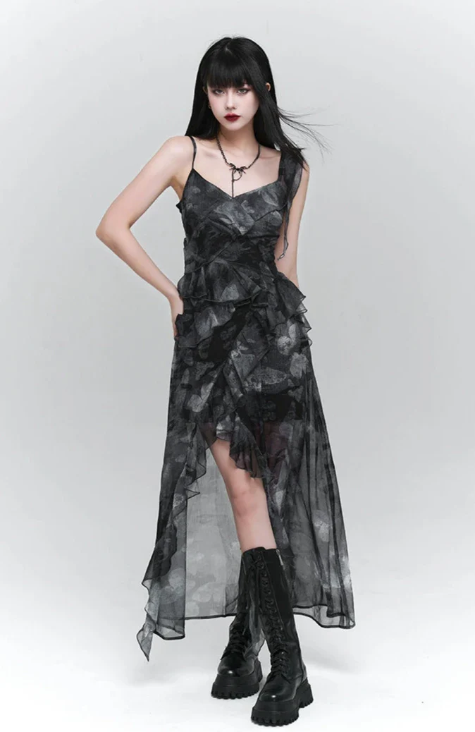 Asymmetric Ruffle Hem Cami Maxi Dress with Print - Image 7
