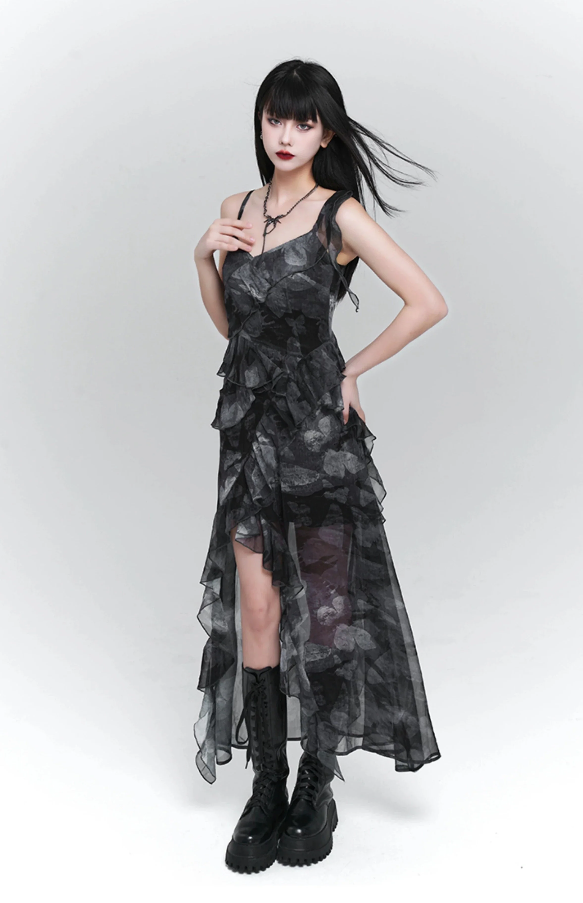 Asymmetric Ruffle Hem Cami Maxi Dress with Print - Image 8