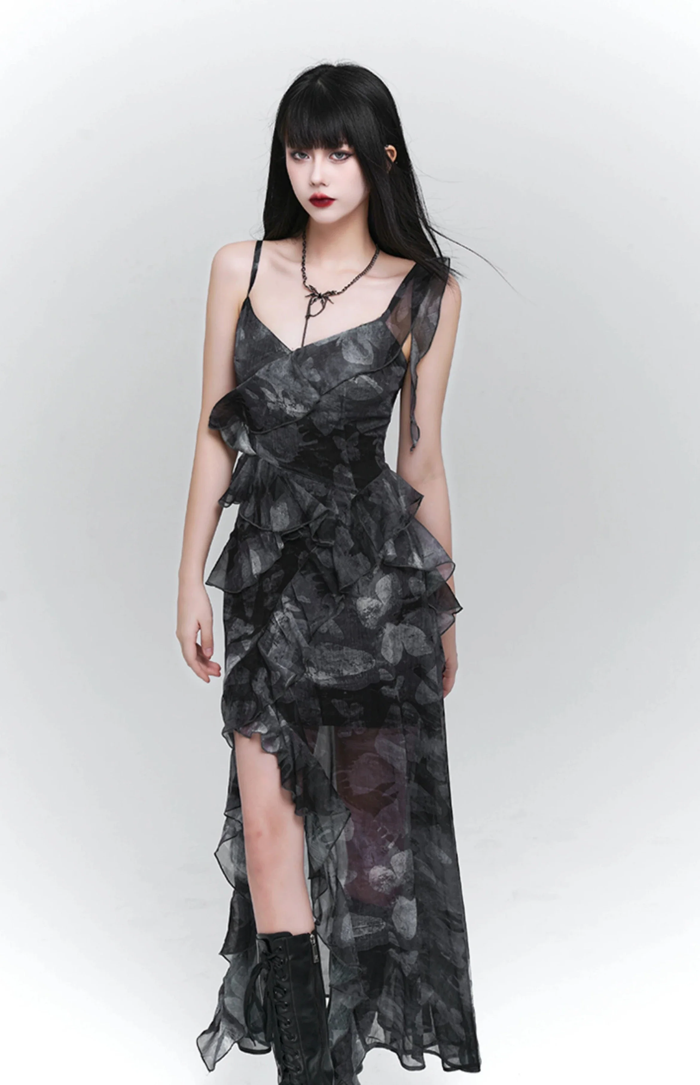 Asymmetric Ruffle Hem Cami Maxi Dress with Print - Image 9