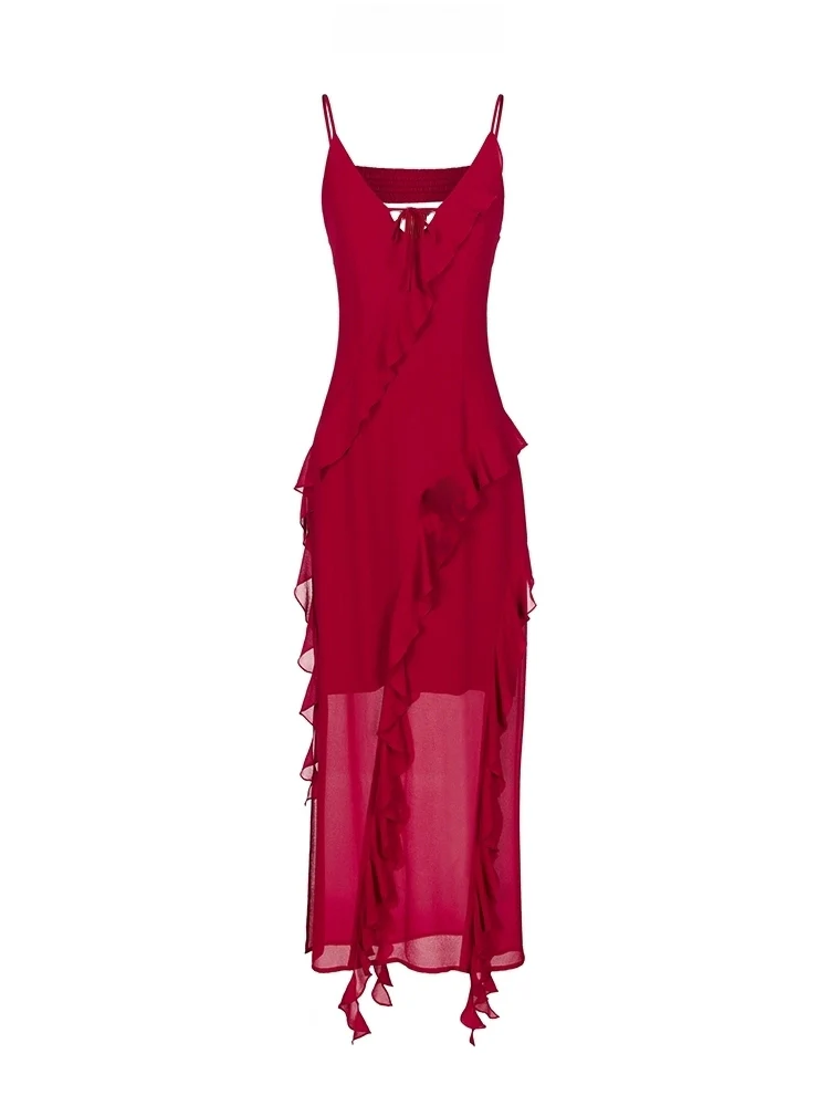 Asymmetric Ruffled Spaghetti Strap Maxi Dress with Rose Choker - Image 3