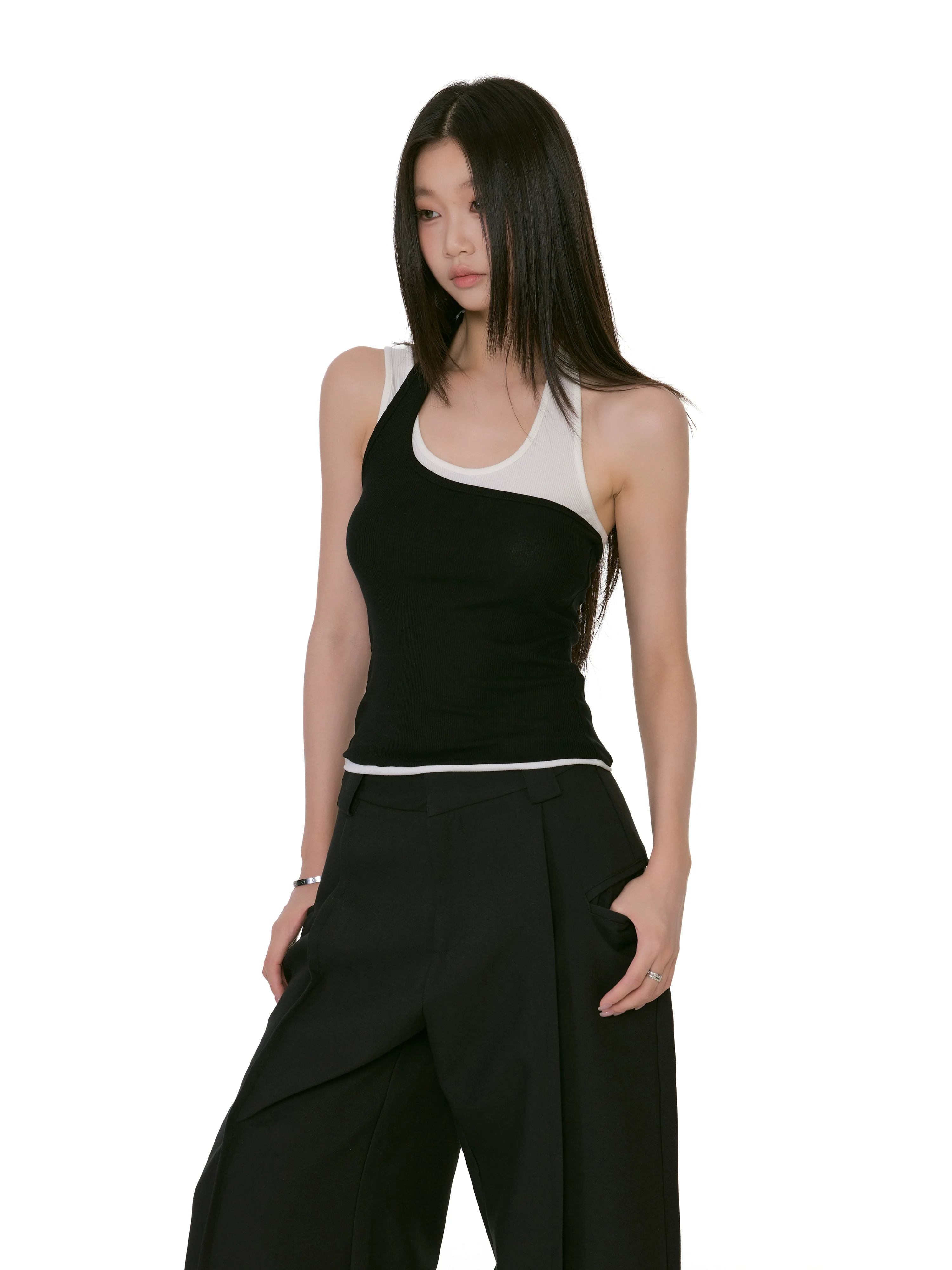 Asymmetric Two-Tone Ribbed Mock Layered Tank Top - Image 2