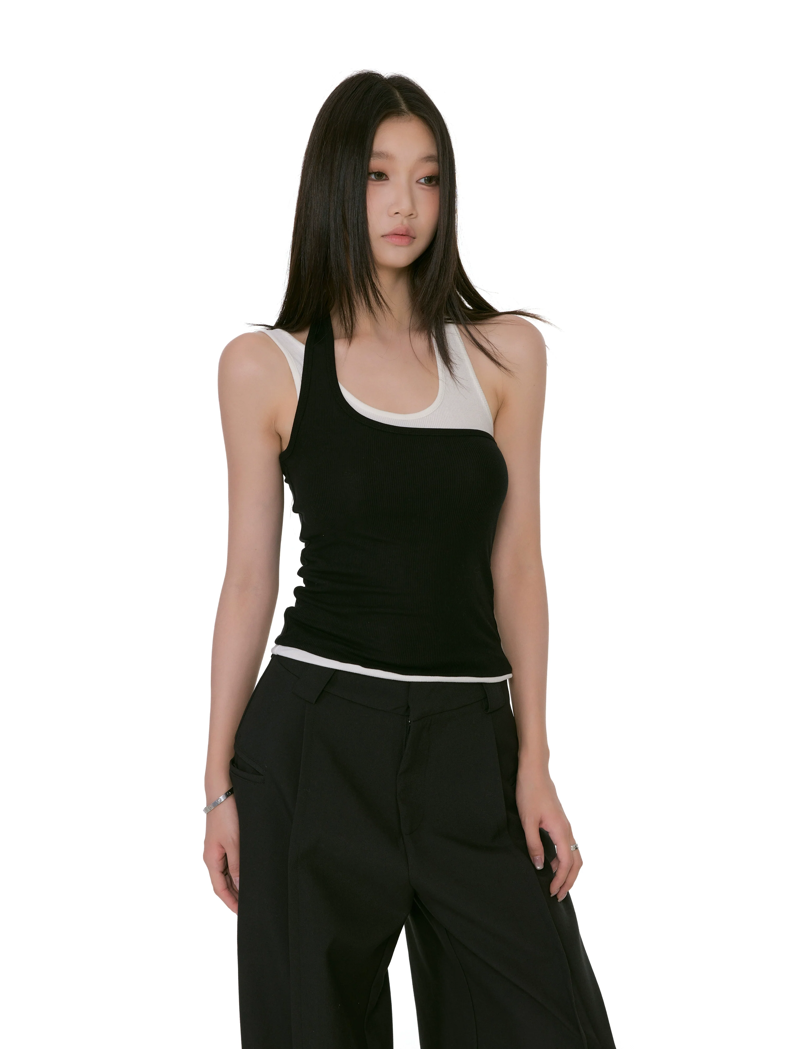 Asymmetric Two-Tone Ribbed Mock Layered Tank Top - Image 3