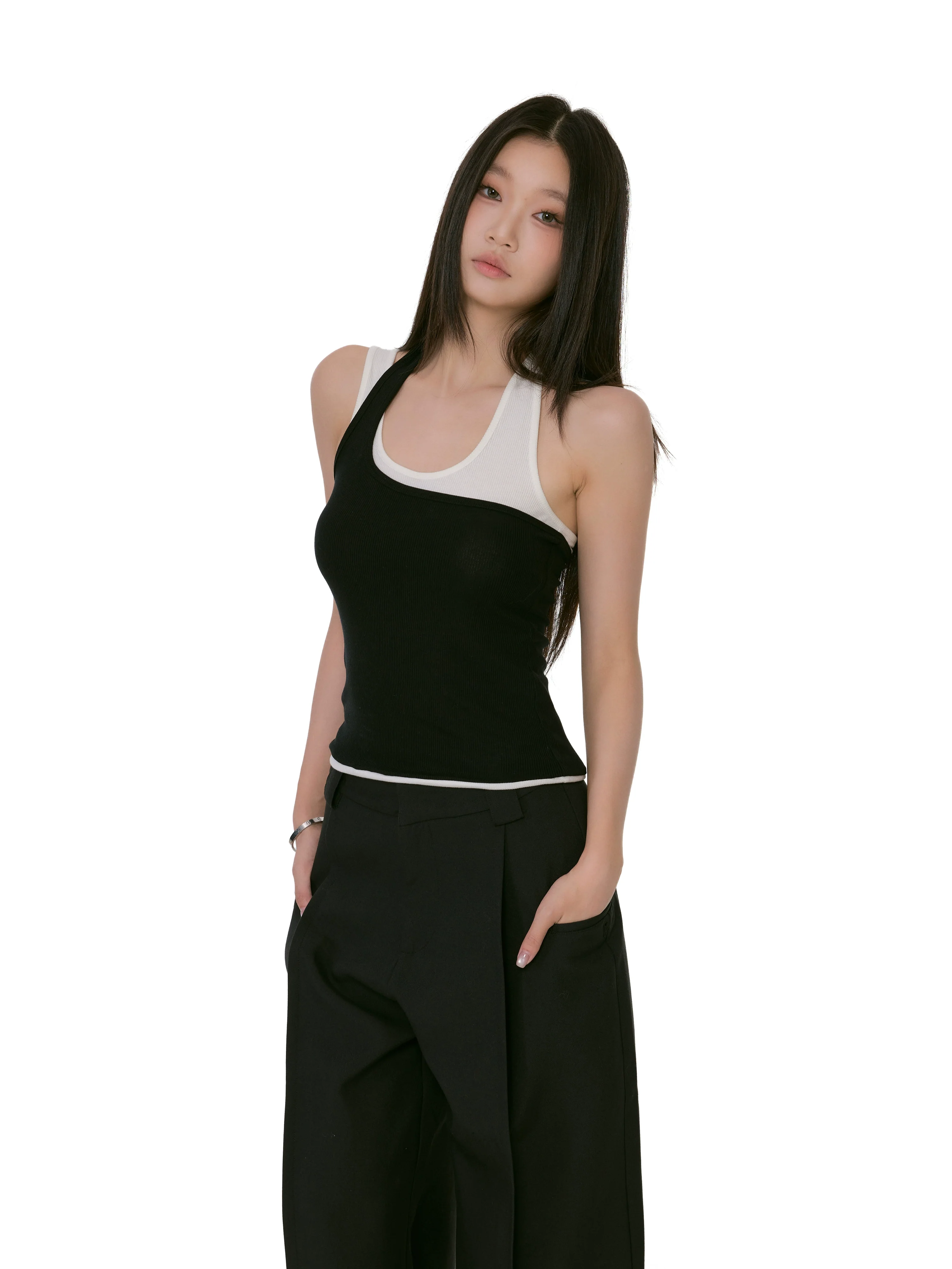 Asymmetric Two-Tone Ribbed Mock Layered Tank Top - Image 4