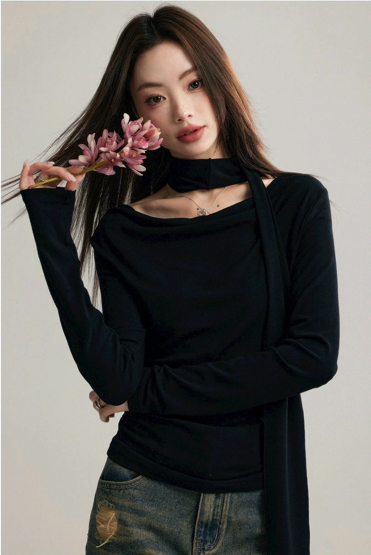 Asymmetrical Draped Neckline Long Sleeve Top with Scarf - Image 13