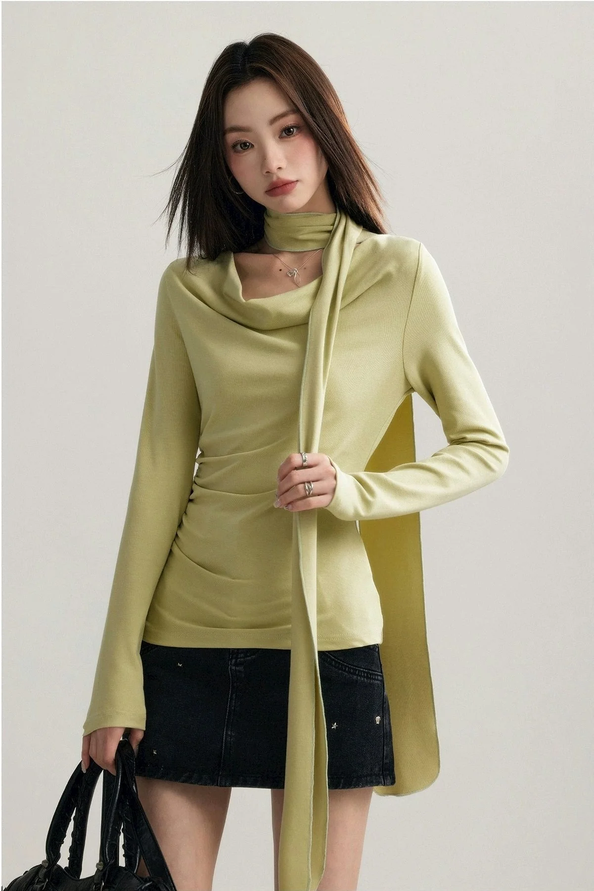 Asymmetrical Draped Neckline Long Sleeve Top with Scarf - Image 4