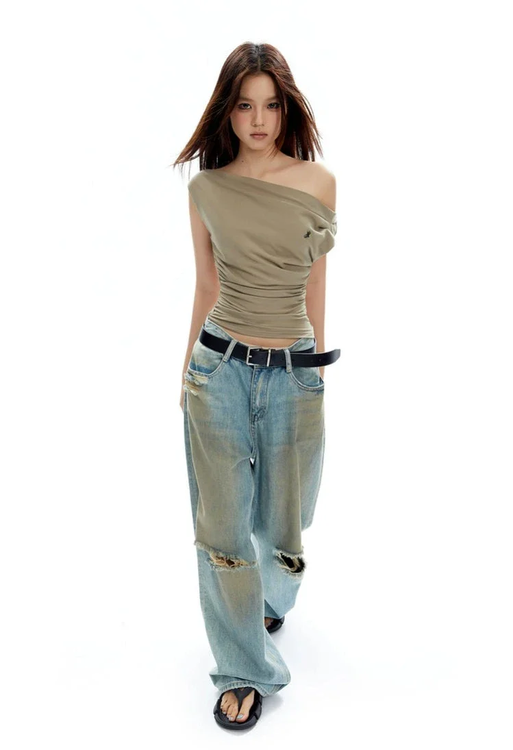 Asymmetrical Neckline Ruched Jersey Top - Image 6