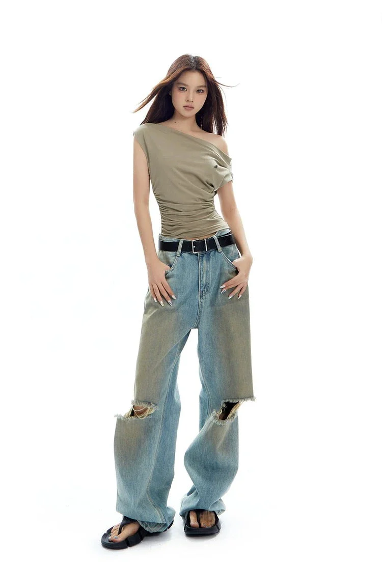 Asymmetrical Neckline Ruched Jersey Top - Image 7