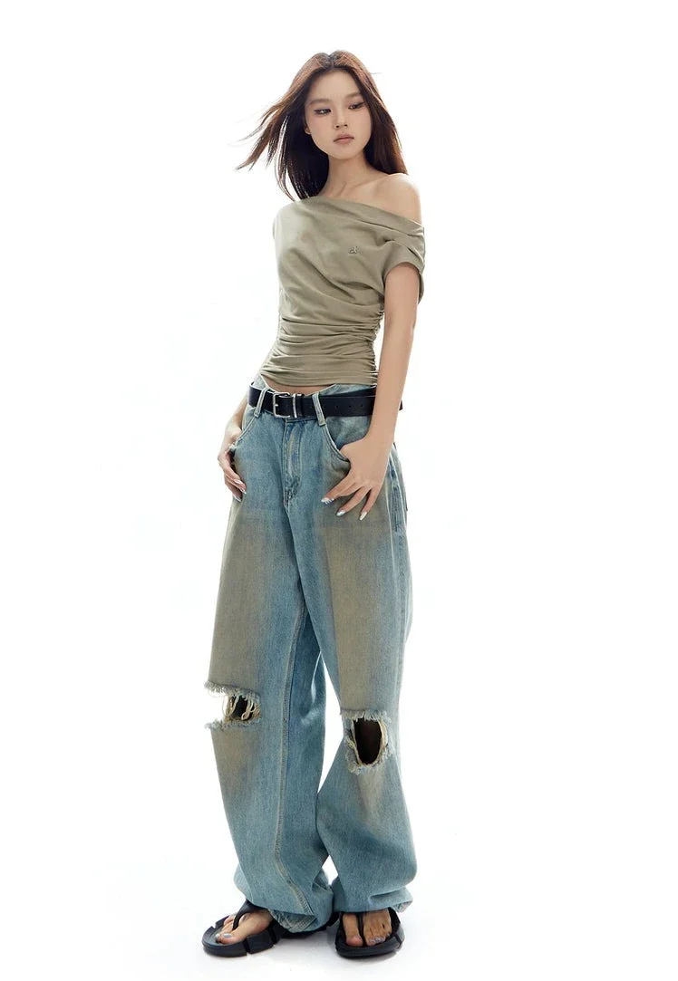 Asymmetrical Neckline Ruched Jersey Top - Image 8
