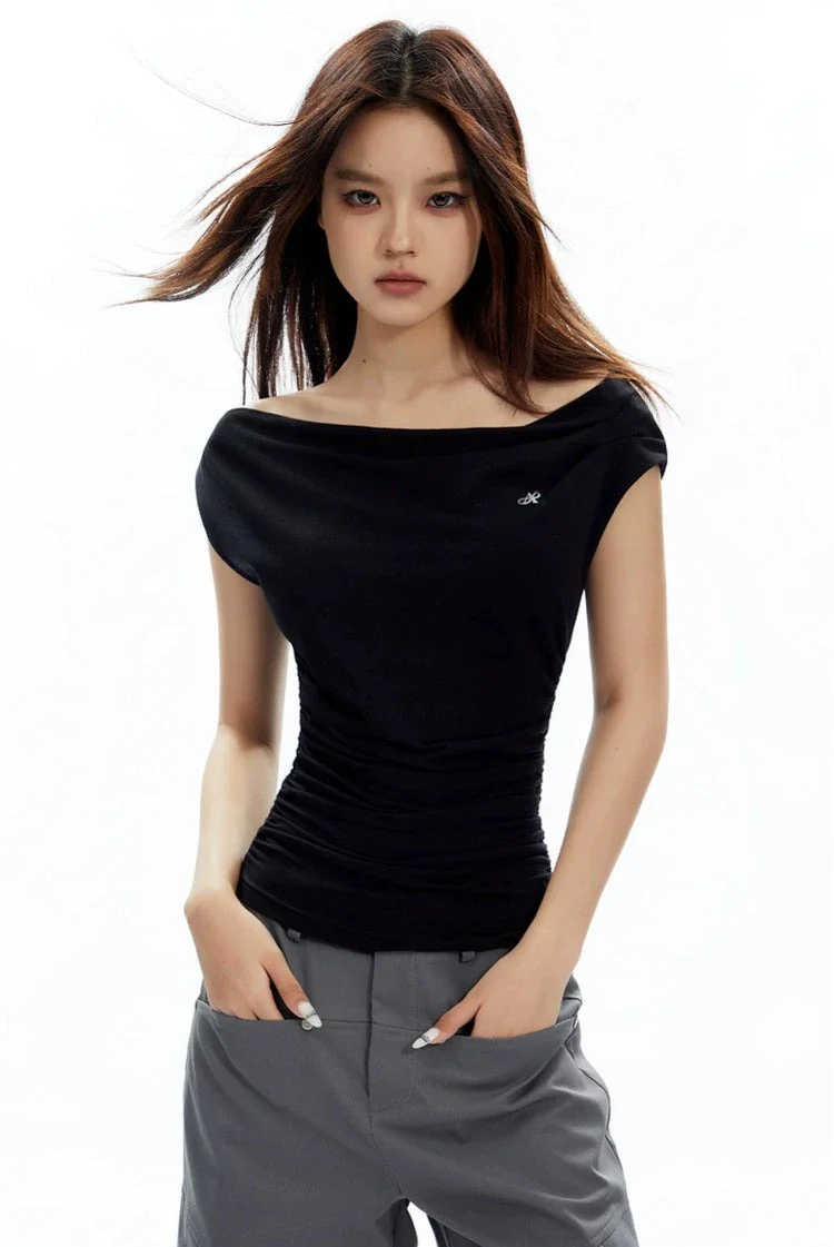 Asymmetrical Neckline Ruched Jersey Top - Image 9