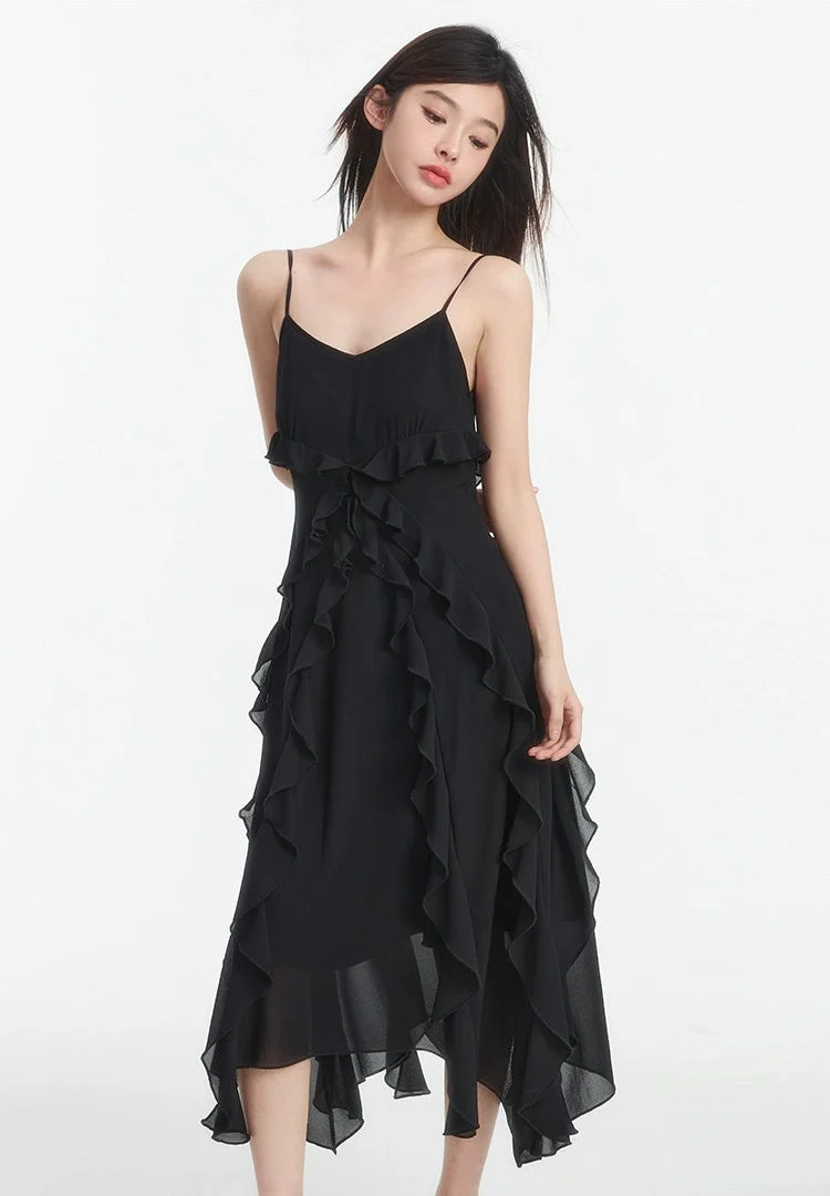 Asymmetrical Ruffle Hem Midi Dress with Spaghetti Straps - Image 2