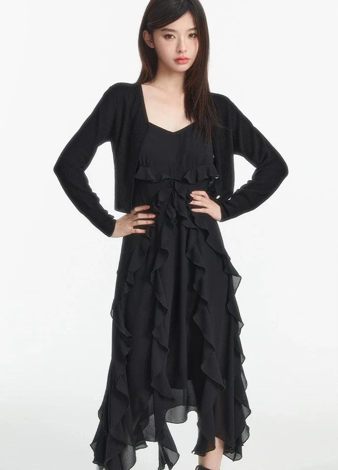 Asymmetrical Ruffle Hem Midi Dress with Spaghetti Straps - Image 8
