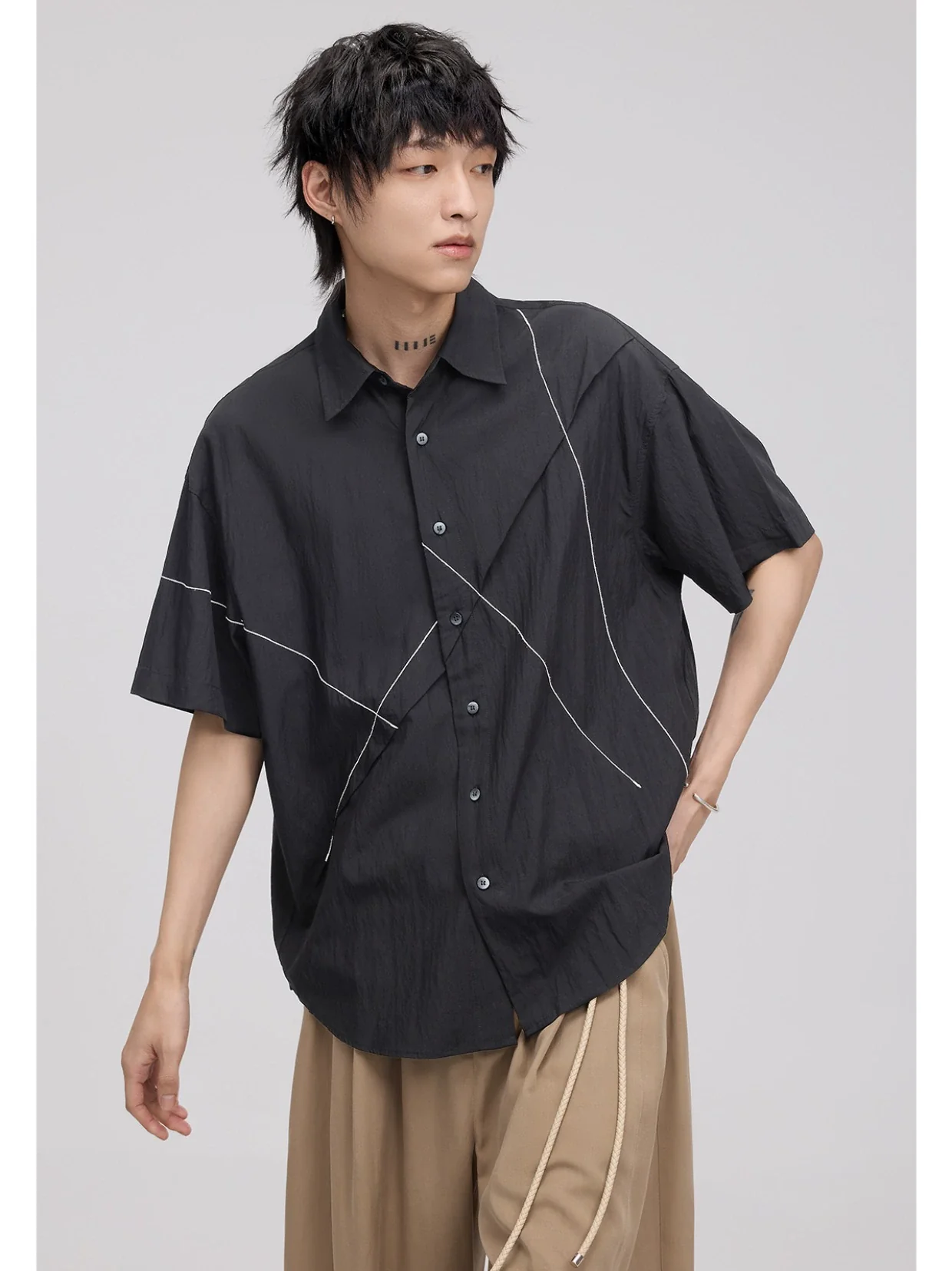 Asymmetrical Stitch Accent Short Sleeve Button Shirt - Image 5