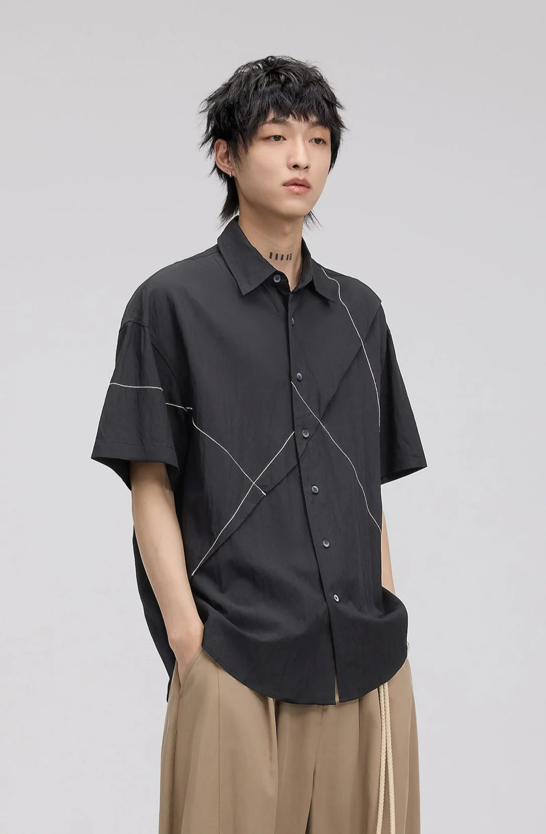 Asymmetrical Stitch Accent Short Sleeve Button Shirt - Image 6