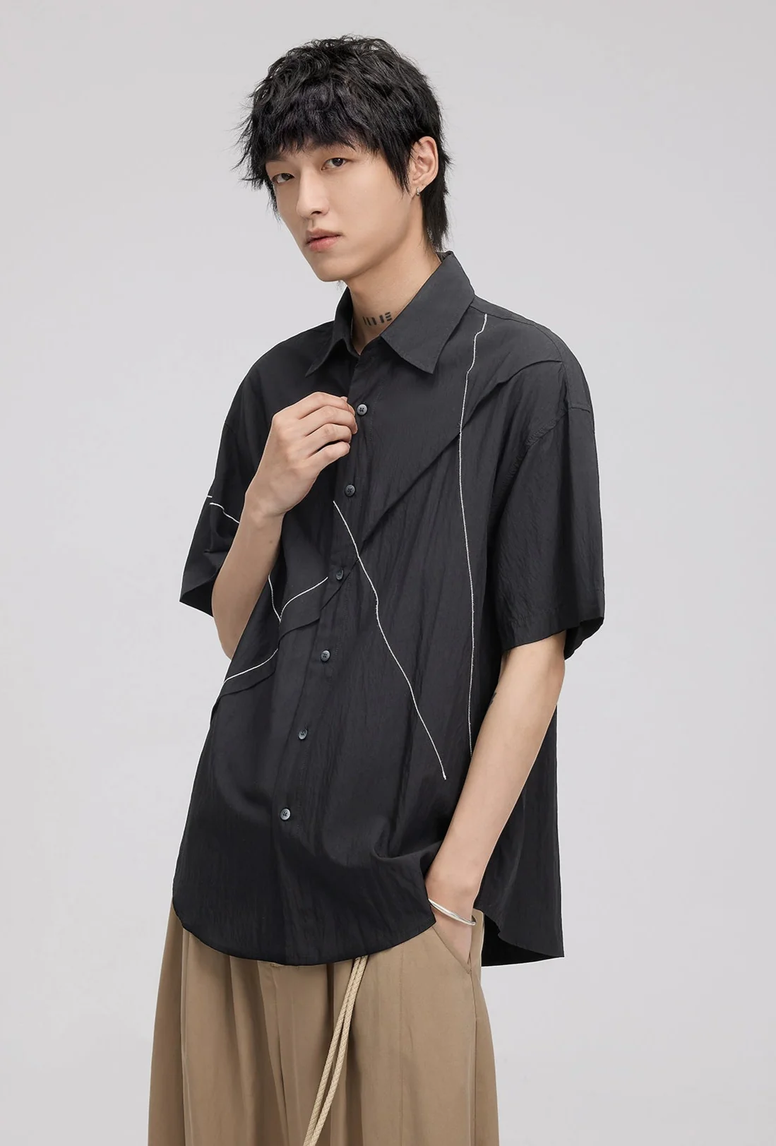 Asymmetrical Stitch Accent Short Sleeve Button Shirt - Image 8