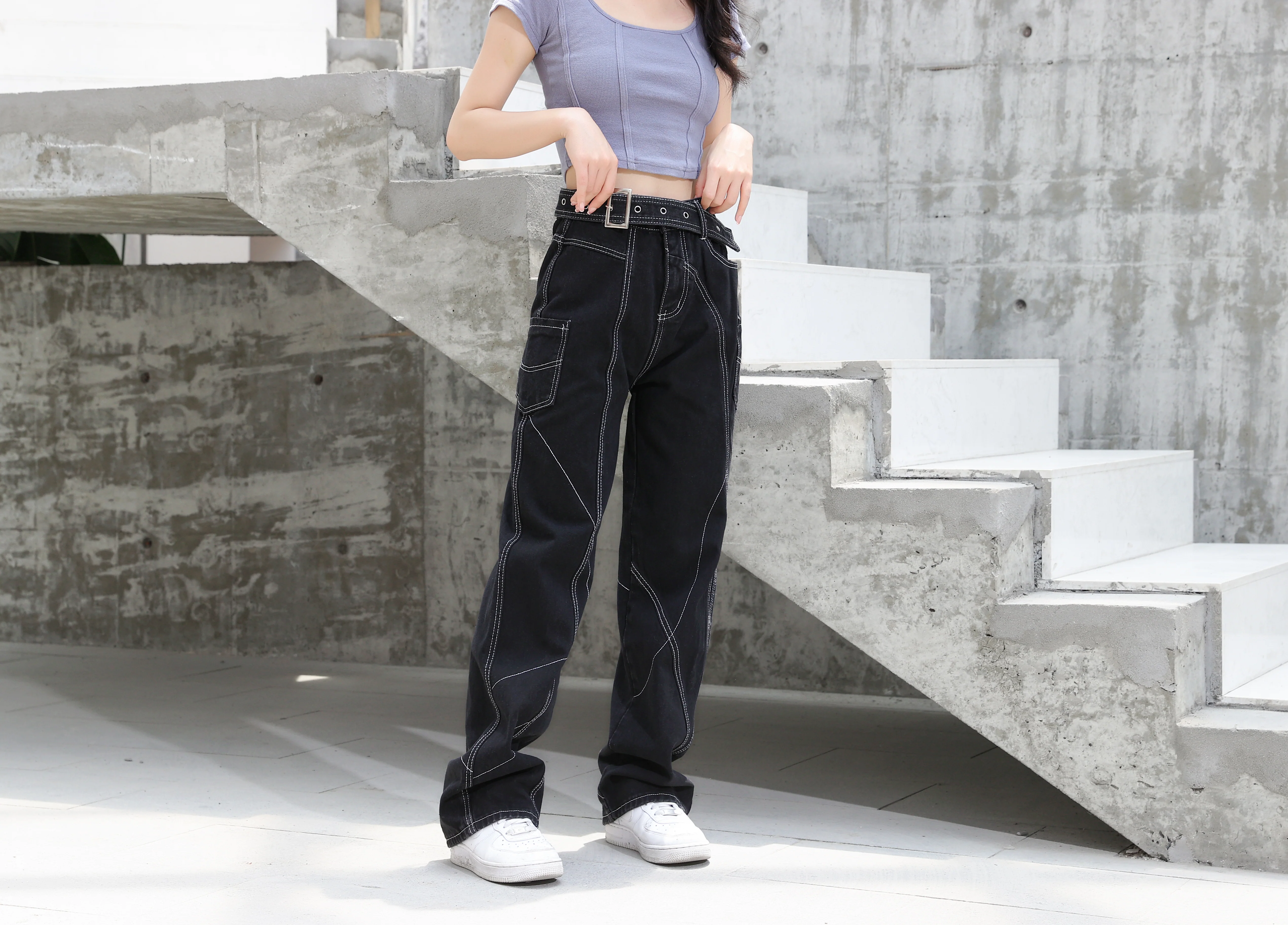 Baggy Belted Jeans with Contrast Detailed Stitching - Image 2