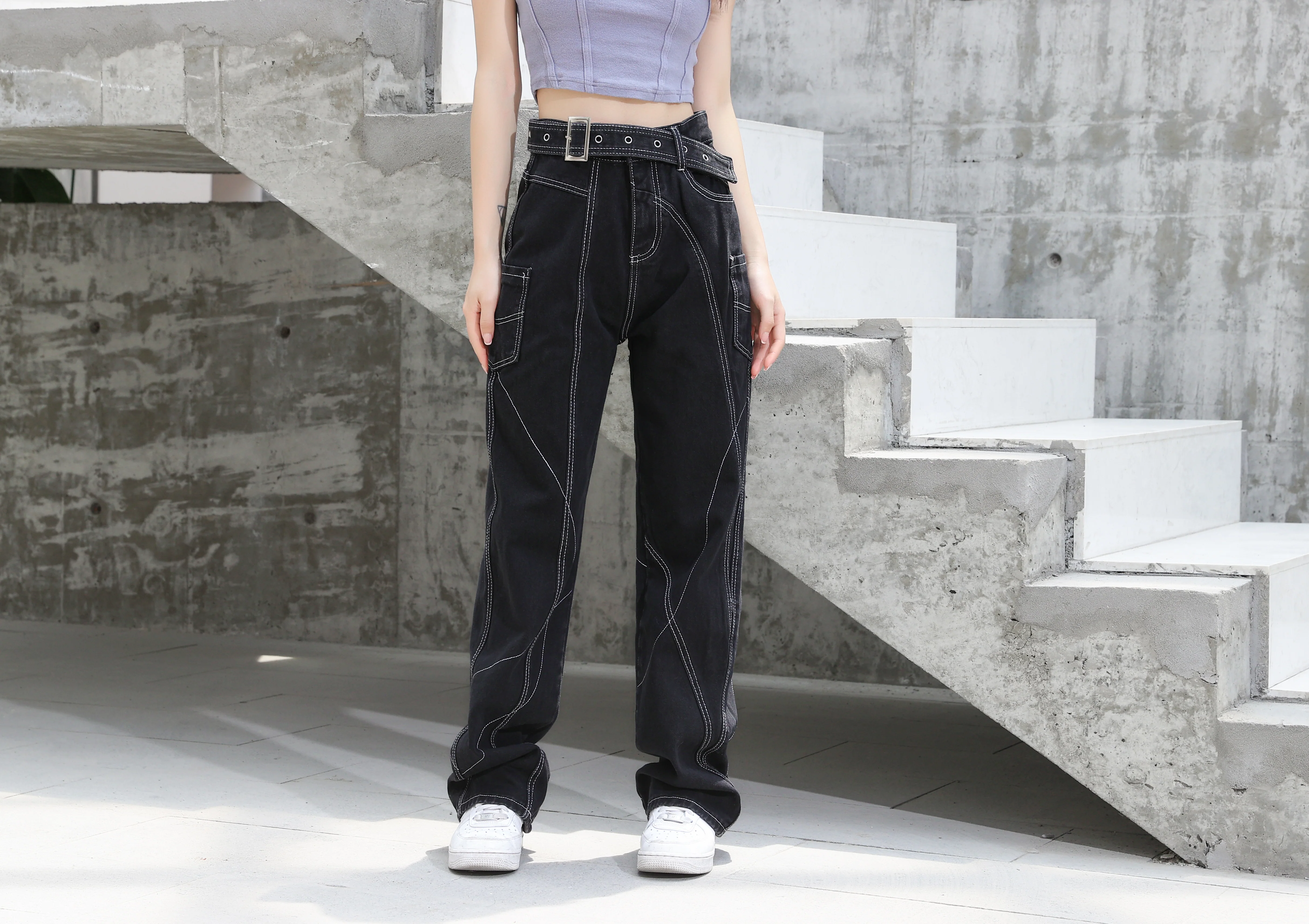 Baggy Belted Jeans with Contrast Detailed Stitching - Image 3