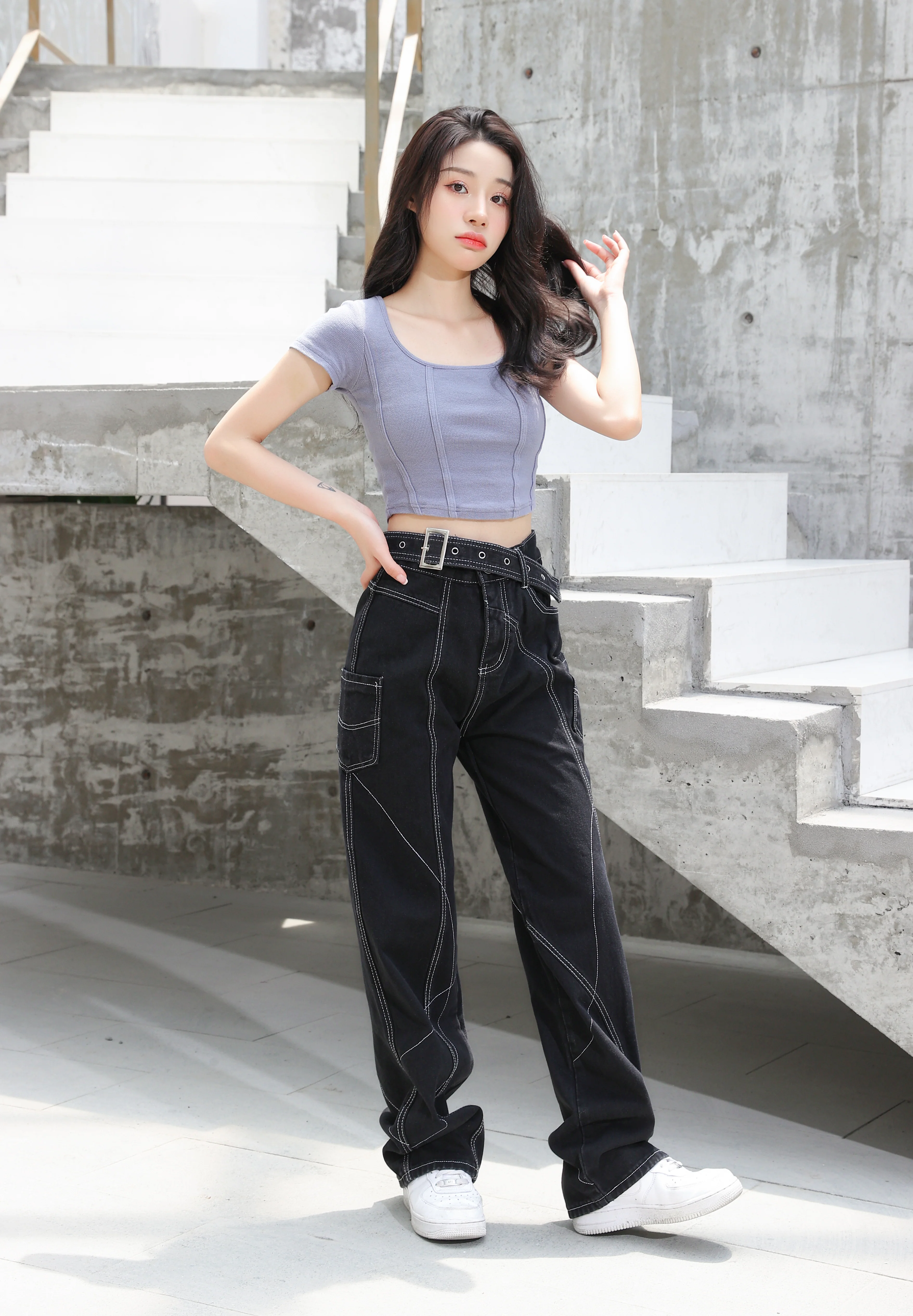 Baggy Belted Jeans with Contrast Detailed Stitching - Image 7