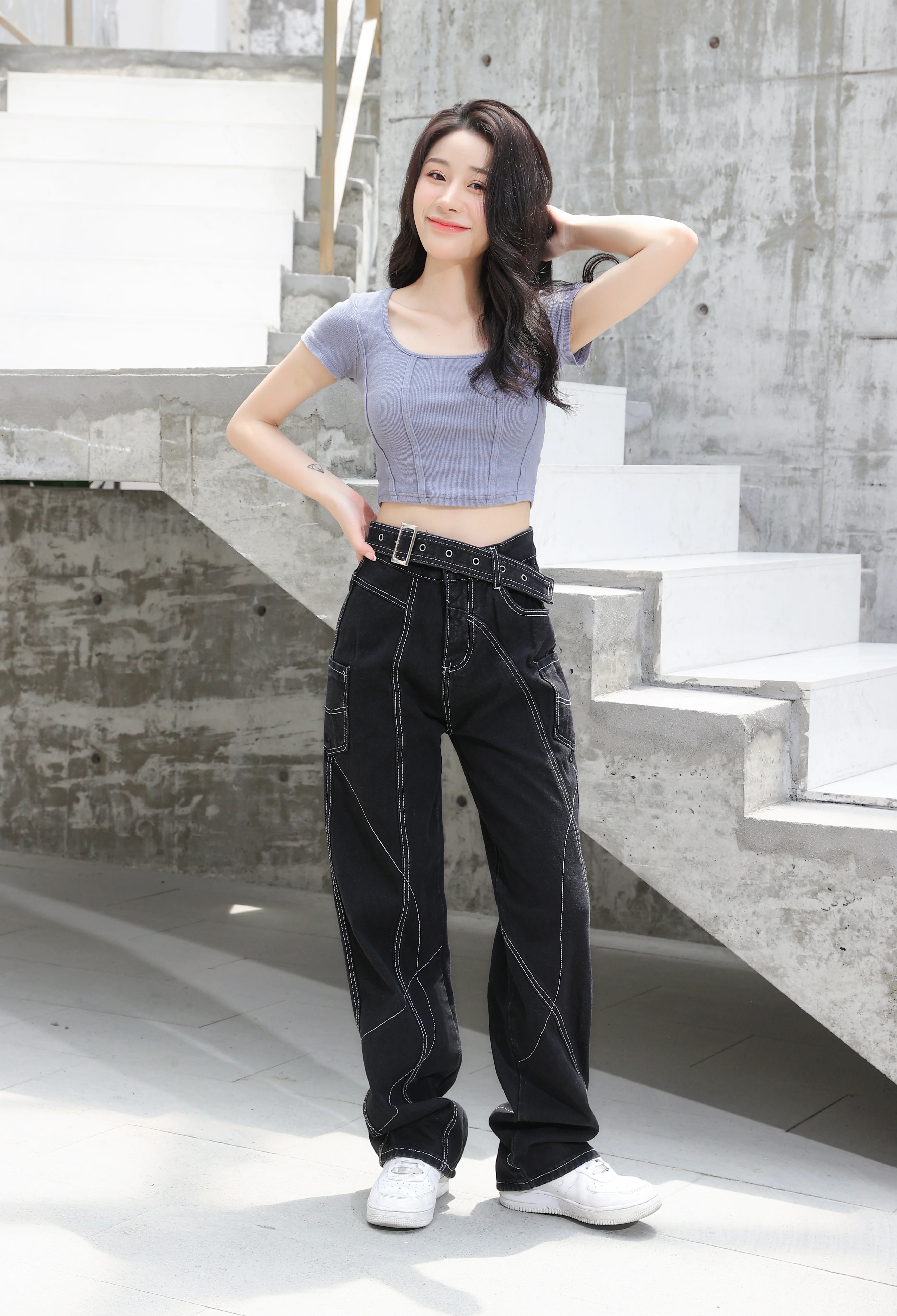 Baggy Belted Jeans with Contrast Detailed Stitching - Image 8