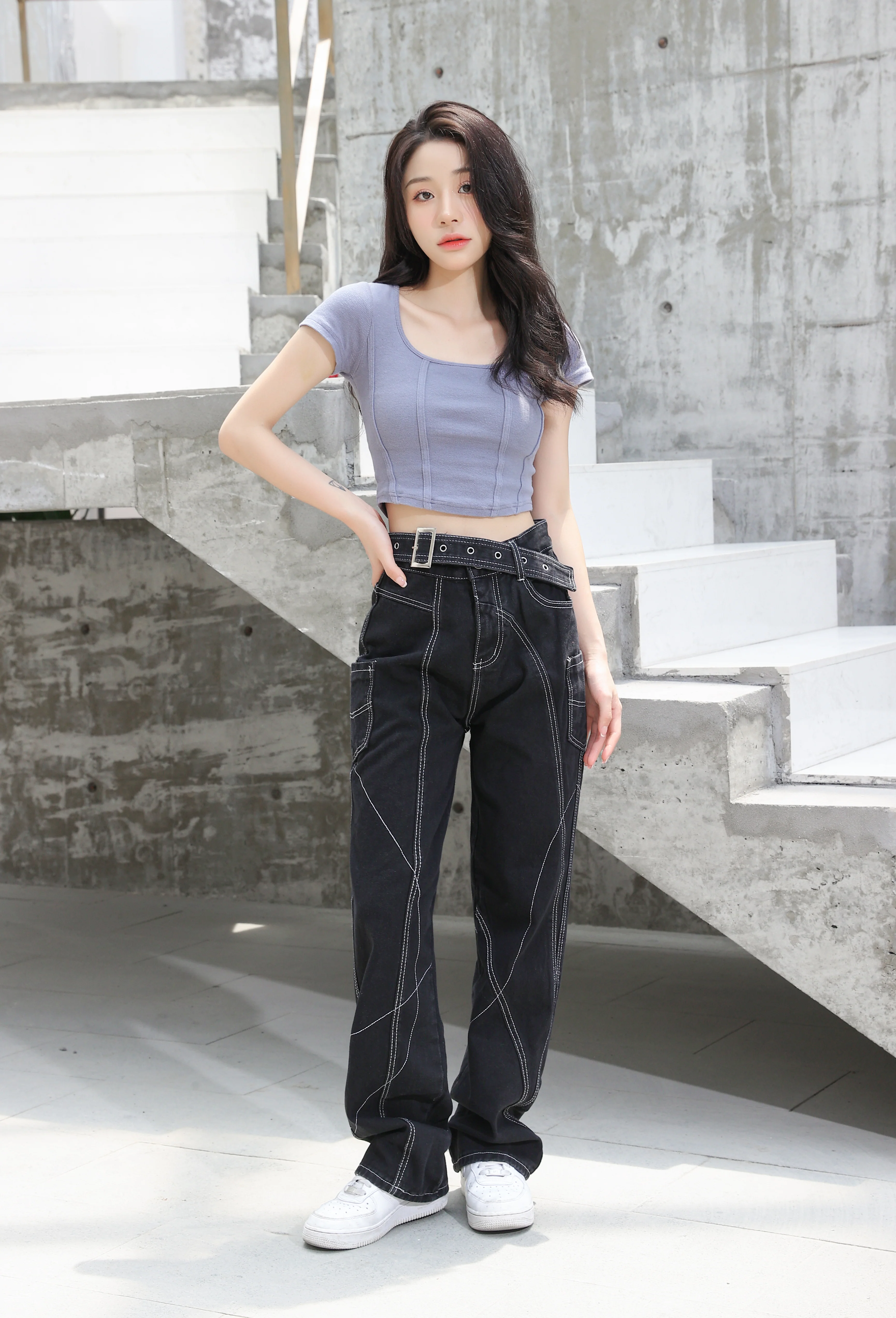 Baggy Belted Jeans with Contrast Detailed Stitching - Image 9
