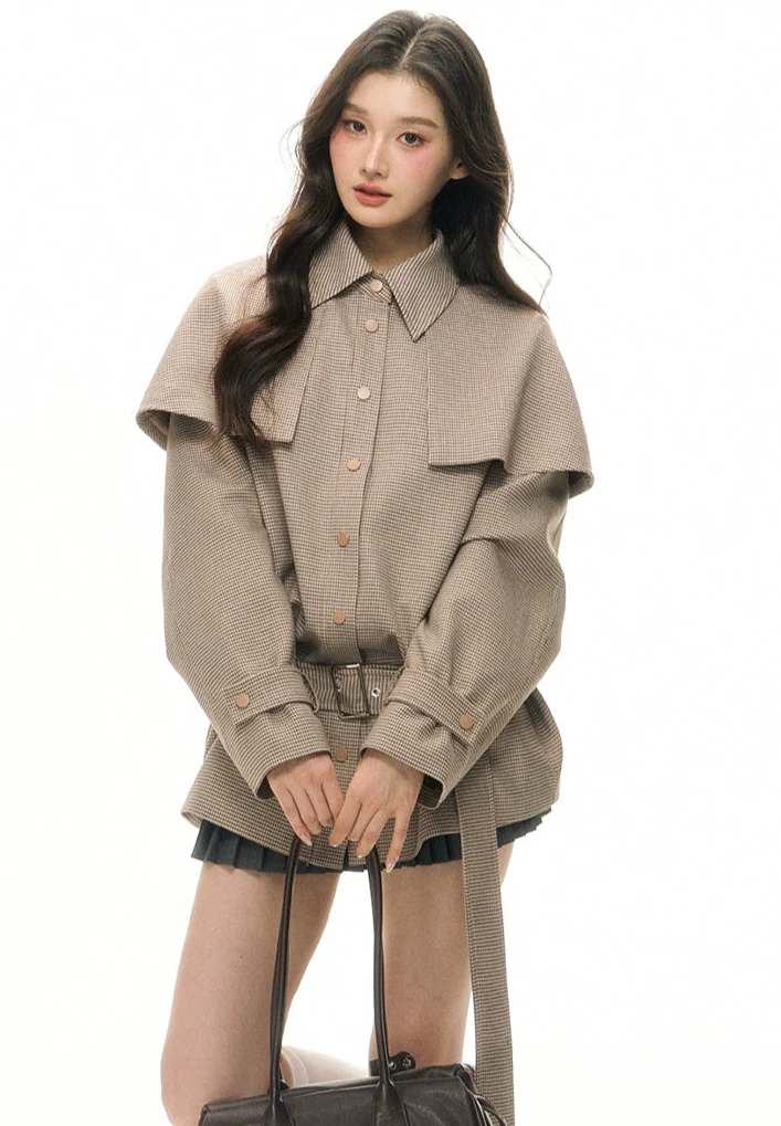 Belted Houndstooth Pattern Shoulder Cape Jacket - Image 2