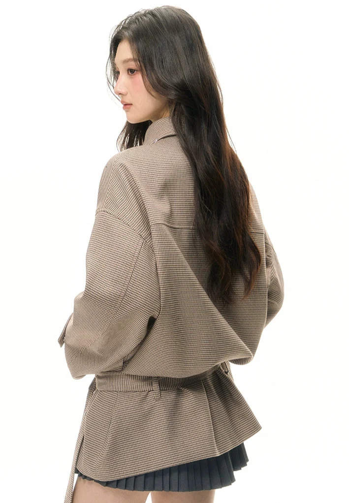 Belted Houndstooth Pattern Shoulder Cape Jacket - Image 3