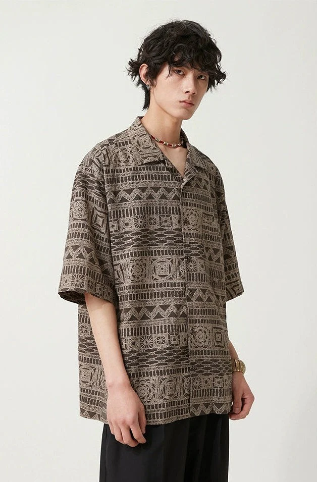 Bohemian Patterned Button-Up Short Sleeve Shirt - Image 5
