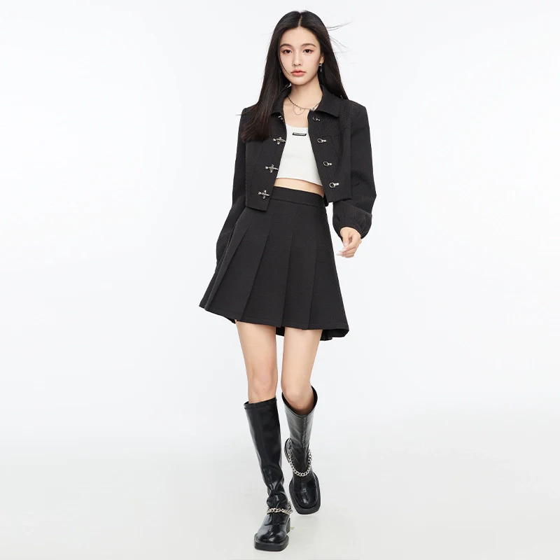 Boxy Collared Crop Jacket with Fireman Buckles and Mini Skirt Two-Piece Set - Image 10