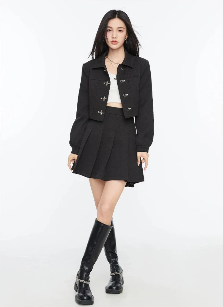 Boxy Collared Crop Jacket with Fireman Buckles and Mini Skirt Two-Piece Set - Image 11