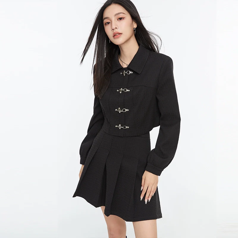 Boxy Collared Crop Jacket with Fireman Buckles and Mini Skirt Two-Piece Set - Image 4