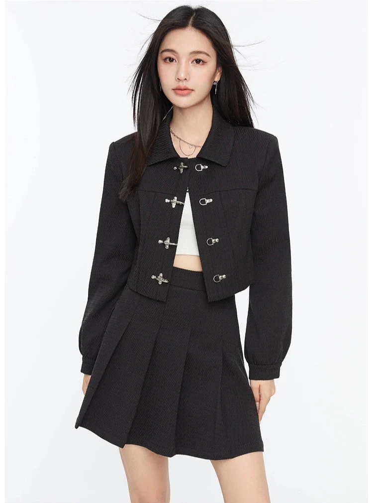 Boxy Collared Crop Jacket with Fireman Buckles and Mini Skirt Two-Piece Set - Image 6