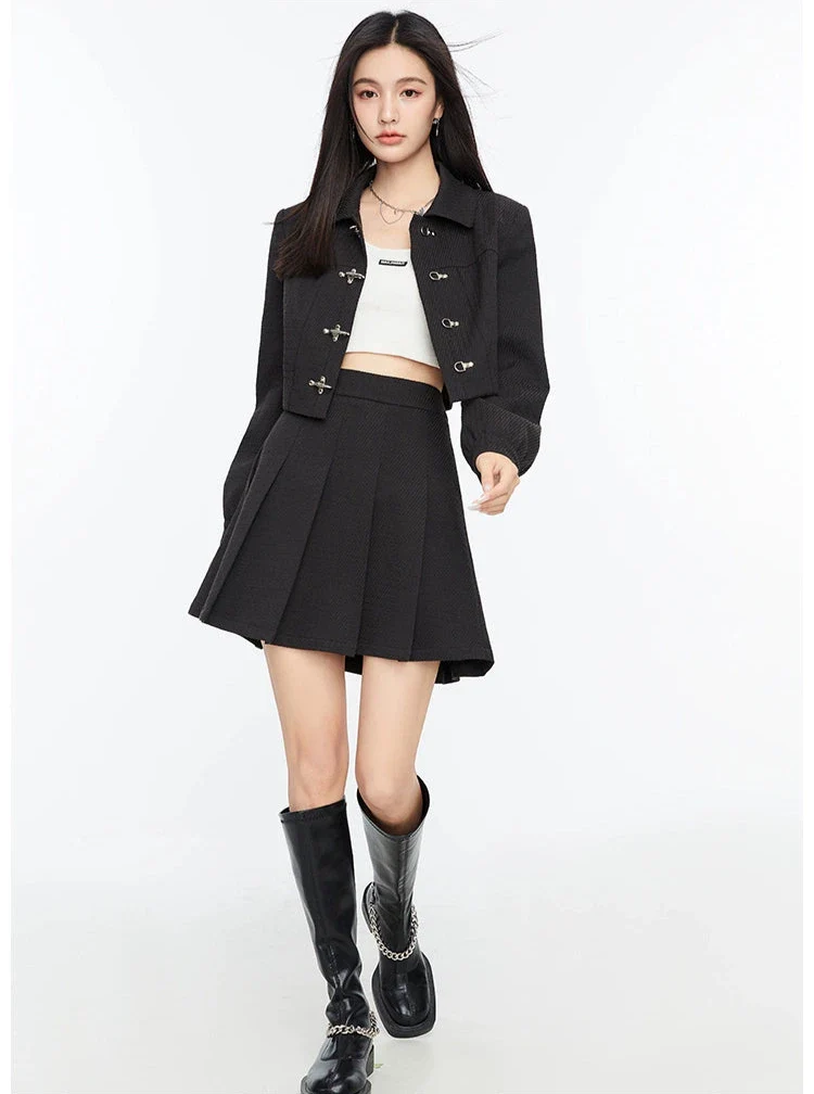 Boxy Collared Crop Jacket with Fireman Buckles and Mini Skirt Two-Piece Set - Image 9