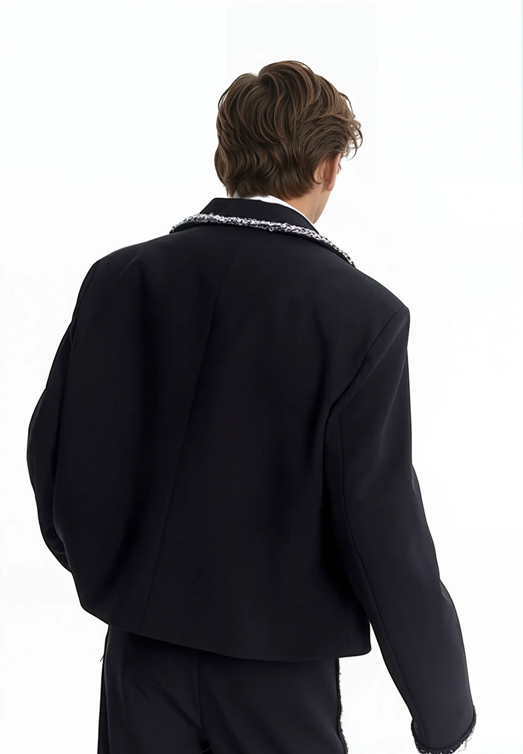Boxy Cropped Blazer Jacket with Contrast Tweed Trim - Image 10