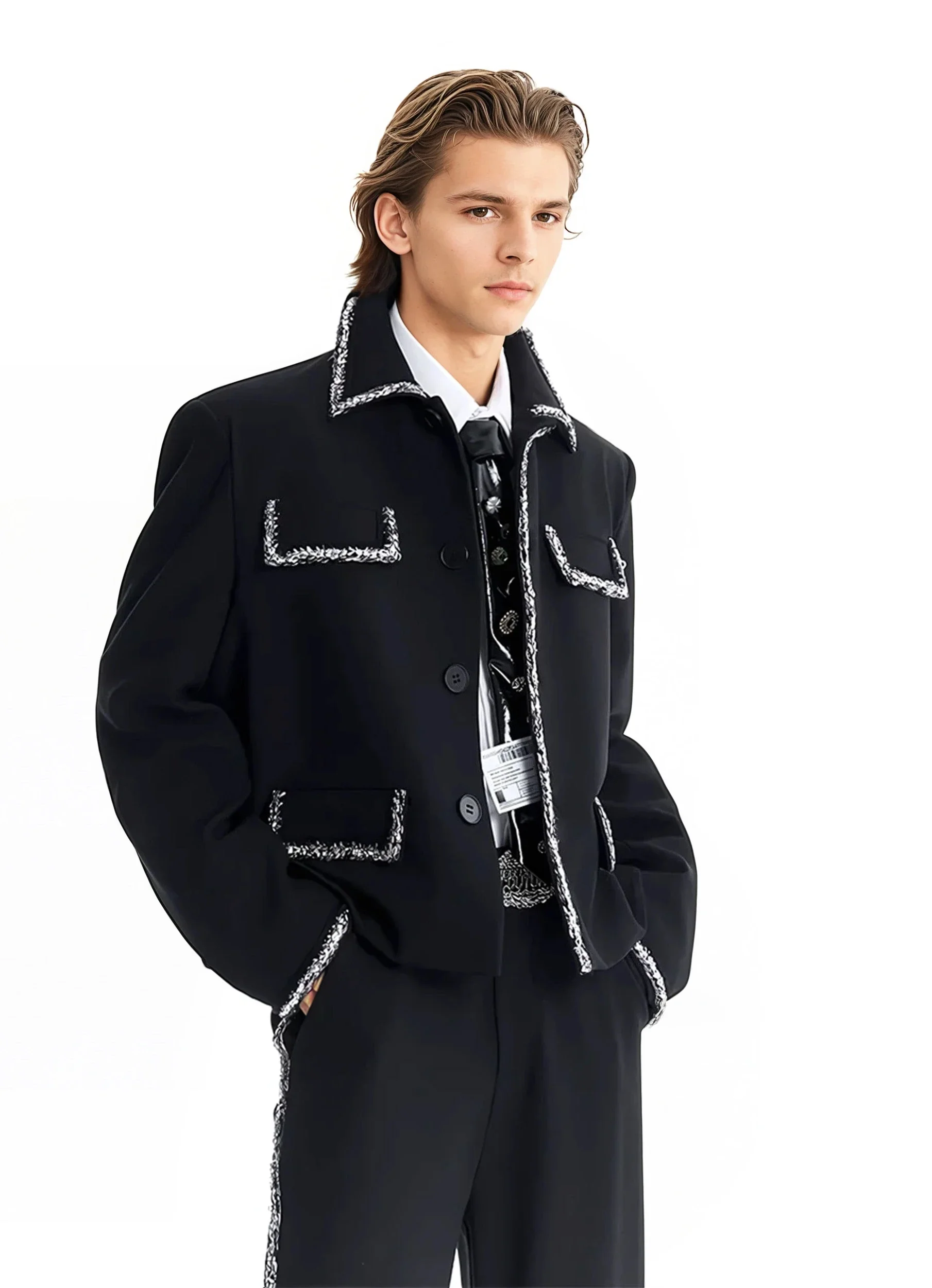 Boxy Cropped Blazer Jacket with Contrast Tweed Trim - Image 7
