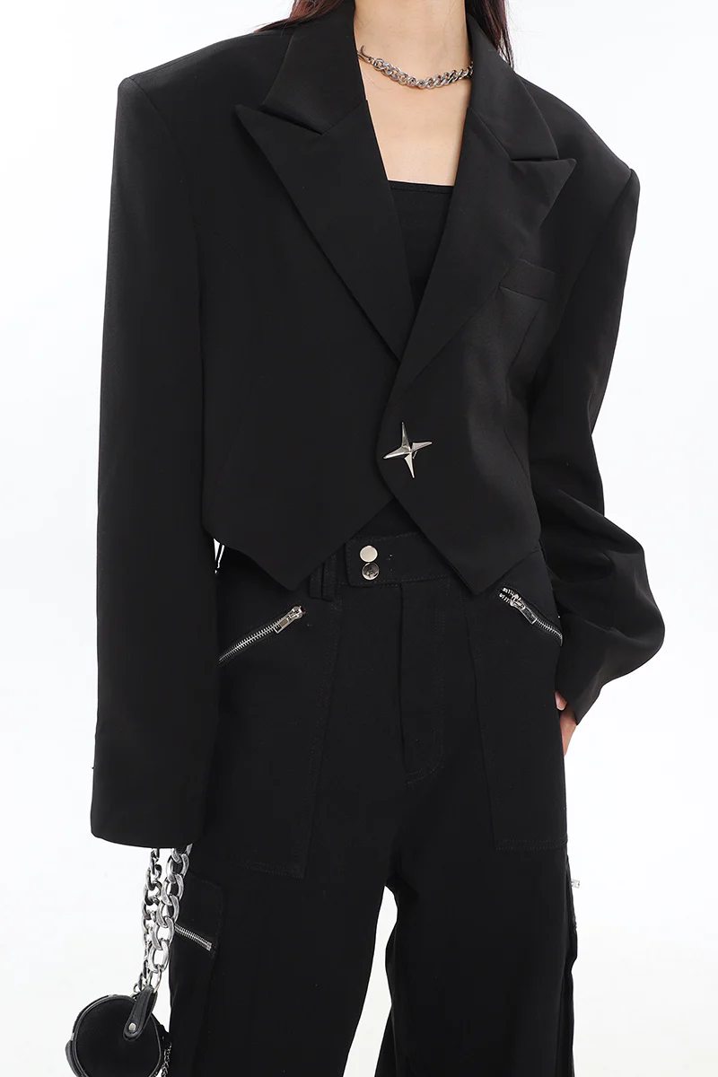 Boxy Cropped Blazer with Star Button - Image 15