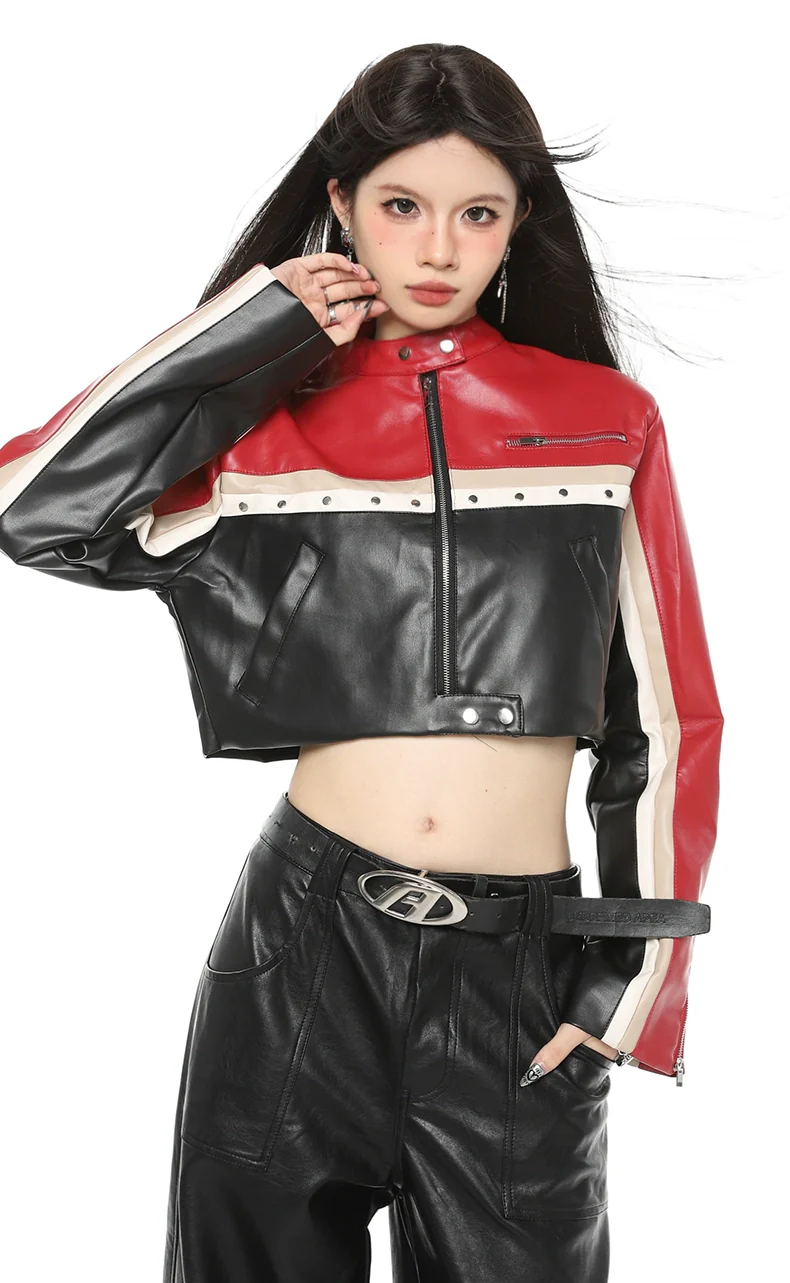 Boxy Cropped Faux Leather Racer Jacket - Image 4