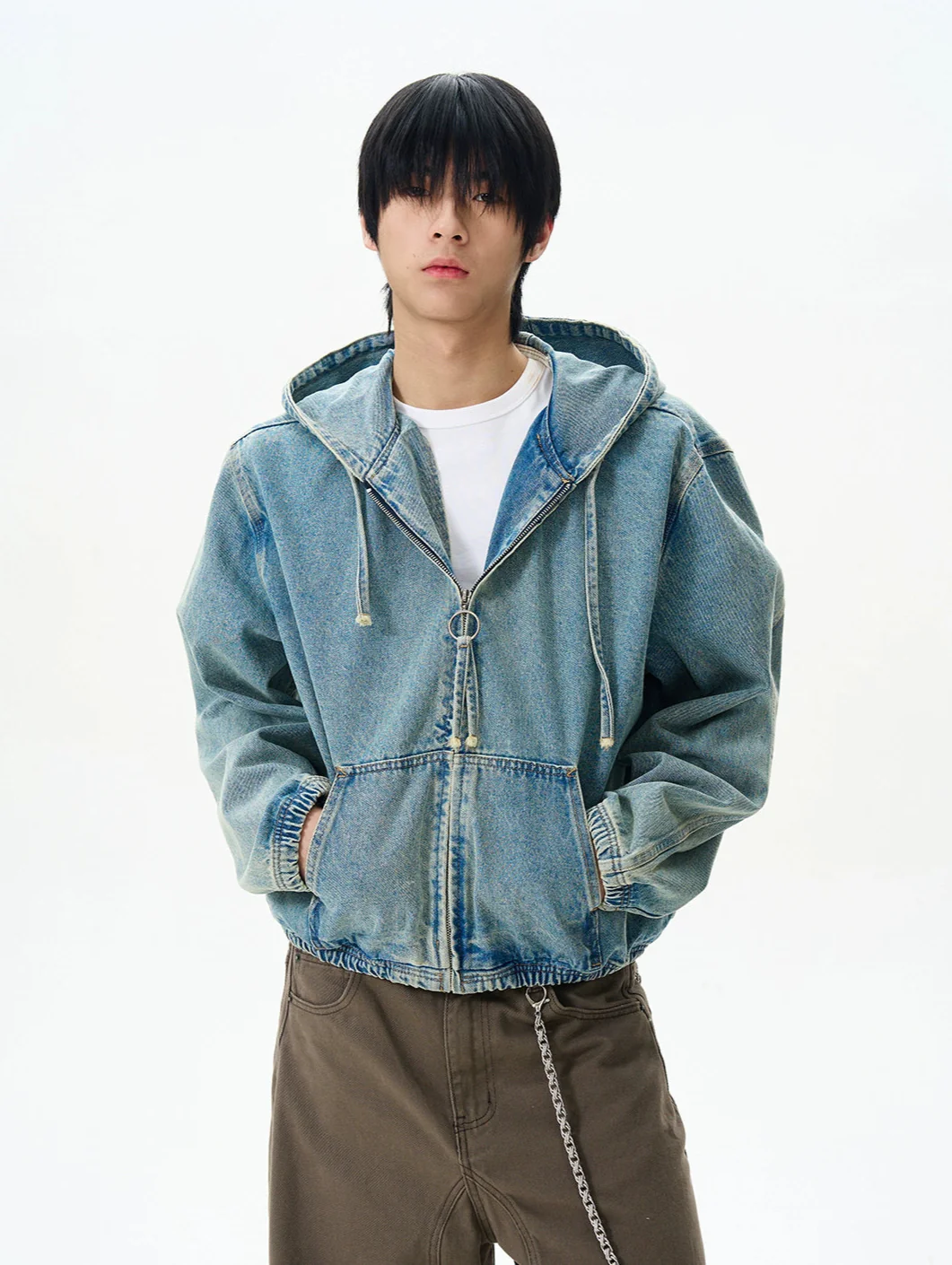 Boxy Denim Zip-Up Hooded Jacket with Elastic Hem
