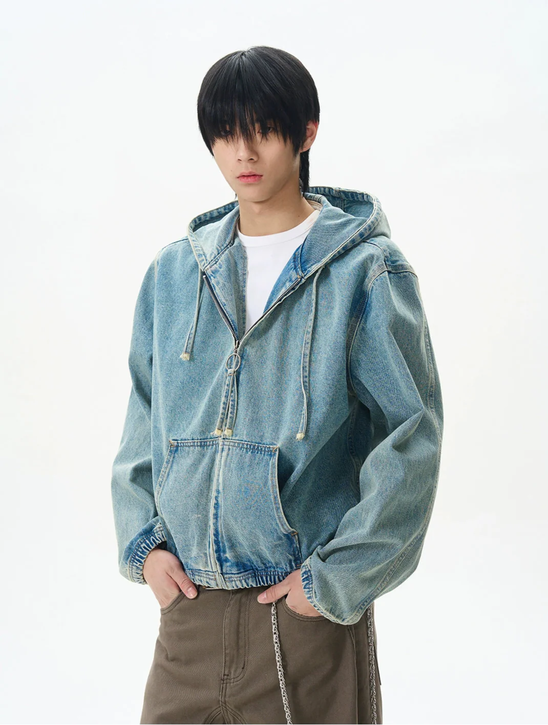 Boxy Denim Zip-Up Hooded Jacket with Elastic Hem - Image 2